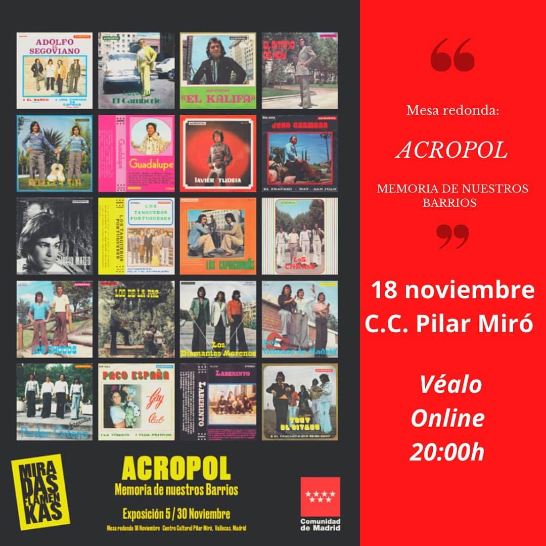 DeFlamenco.comのインスタグラム：「Esta noche en Madrid, Mesa redonda: Acropol. Memoria de nuestros barrios.   En el CC Pilar Miró de Vallecas en el ciclo MiraDas FlamenKas.   Y en Streaming a las 20:00h en esta web:  https://www.comunidad.madrid/centros/centro-cultural-pilar-miro#ciclo-miradas-flamenkas  #flamenco #miradasflamenkas」