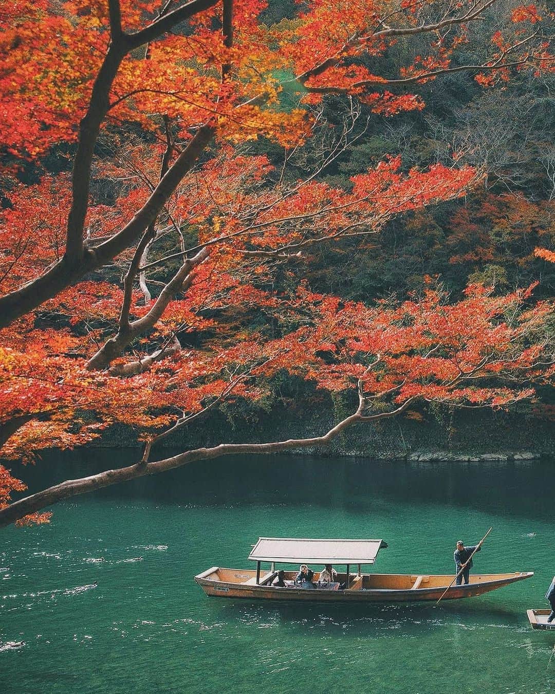 Berlin Tokyoのインスタグラム：「Riding the current back in time, a wooden boat takes you on a tranquil journey through the splendid autumn foliage. . . . #hellofrom kyoto, #japan」