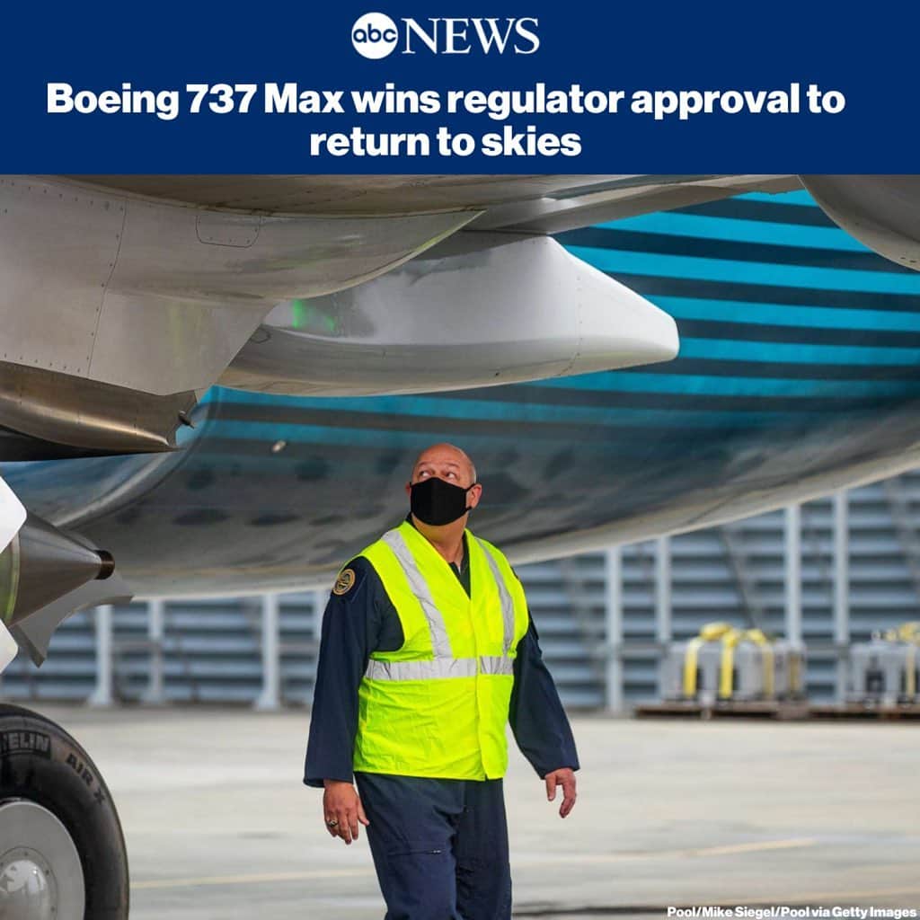 ABC Newsさんのインスタグラム写真 - (ABC NewsInstagram)「The Boeing 737 Max received Federal Aviation Administration approval to reenter commercial service Wednesday morning -- marking an end to one of the longest aircraft groundings in history. MORE AT LINK IN BIO」11月18日 22時20分 - abcnews