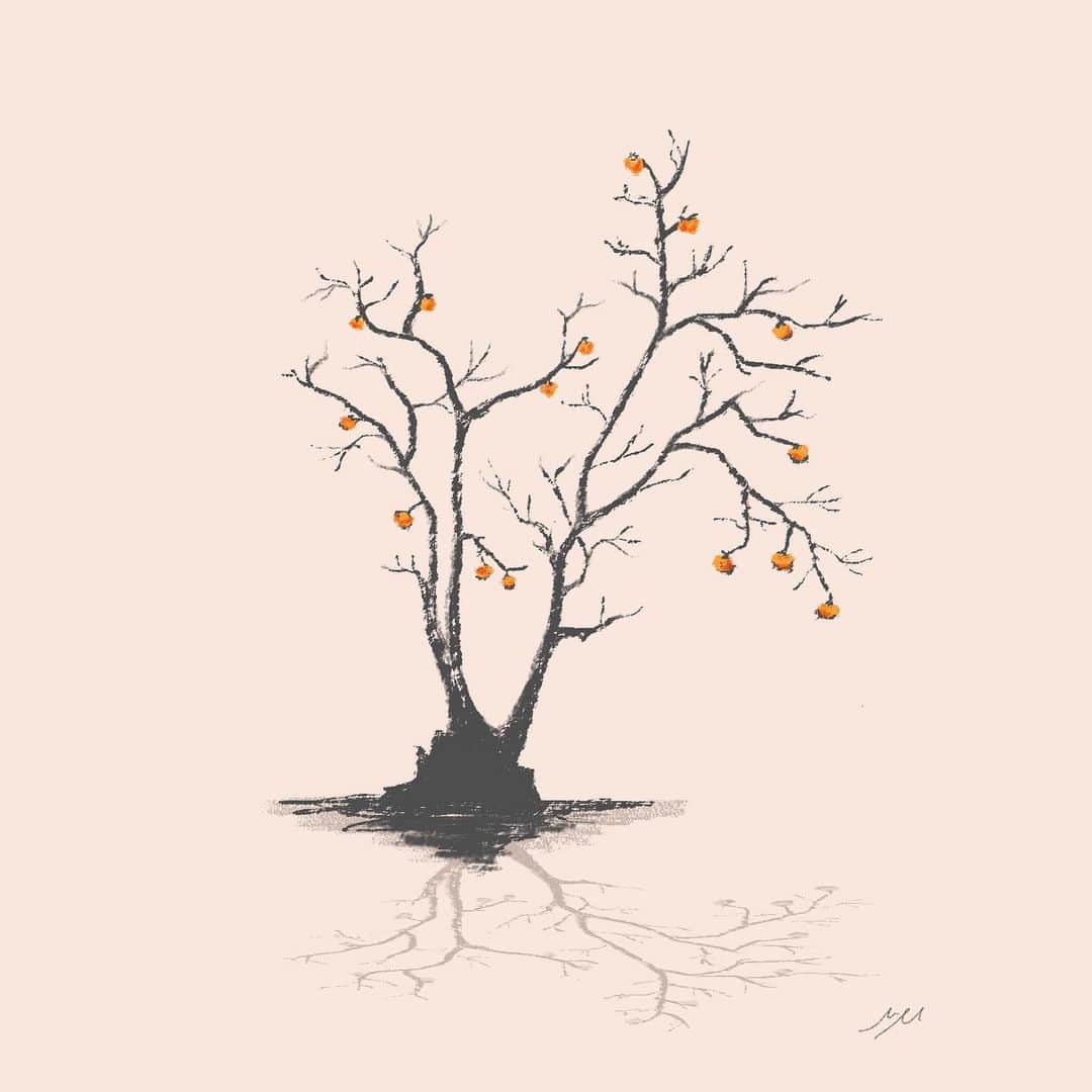 高杉さと美のインスタグラム：「柿の木🍂  #tree #nature #illustration #artwork #illustrationarts #michellemira #イラスト #木 #柿 #絵 #植物 #庭」