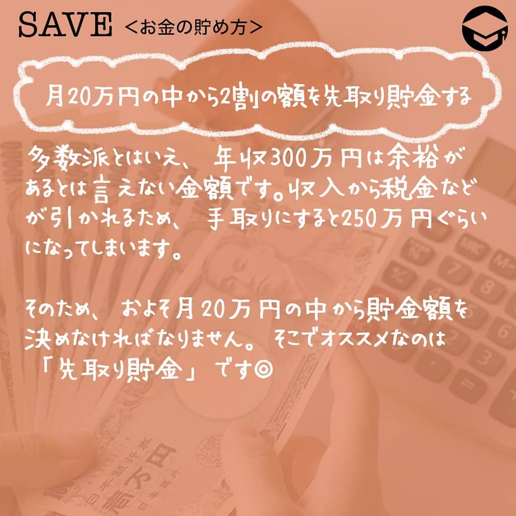 ファイナンシャルアカデミー(公式) さんのインスタグラム写真 - (ファイナンシャルアカデミー(公式) Instagram)「﻿ 【年収300万円向け】貯金500万円を実現する3つの方法﻿ 年収300万円は、決して多いとは言えない年収ですが、その中からしっかりと貯金できている人がいるのも事実です。過度な節約に頼らず、しっかり貯めていくためのコツをご紹介します👀﻿  ﻿ ーーーーーーーーーーーーーーーーーーーーー﻿  ﻿ 年収300万円は多い？少ない？﻿  ﻿ ーーーーーーーーーーーーーーーーーーーーー﻿  ﻿ まずはじめに、年収300万円という響きに、マイナスのイメージを持つ人が多く見られます😭年収300万円でも結婚できるだろうか？子どもを持てるようになるだろうか？と。しかし、年収300万円前後の層は実は少数派ではありません🙆‍♂️国税庁の平成28年分民間給与実態統計調査における、男・女、正規・非正規それぞれの平均年収は下記のとおり。﻿  ﻿ ・男性：521万円﻿ ・女性：280万円﻿ ・正規：487万円﻿ ・非正規：172万円﻿  ﻿ 男性の年収分布において一番多い割合は、『300万円超400万円以下』の18.2％。なので、年収300万円台の人が多数派であることが示されています。﻿  ﻿ ーーーーーーーーーーーーーーーーーーーーー﻿  ﻿ ①月20万円の中から2割の額を先取り貯金する﻿  ﻿ ーーーーーーーーーーーーーーーーーーーーー﻿  ﻿ 多数派とはいえ、年収300万円は余裕があるとは言えない金額です😢収入から税金などが引かれるため、手取りにすると250万円ぐらいになってしまいます。そのため、およそ月20万円の中から貯金額を決めなければなりません。そこでオススメなのは「先取り貯金」です✨﻿  ﻿ 月20万円の中から、2割にあたる4万円を先に貯金し、残りの16万円で生活費のやりくりをします。それを10年間続ければ、単純計算で4万円×12カ月×10年間＝480万円貯まります。﻿ 年収300万円はあまり余裕のない額だからこそ、長期的にコツコツ貯めるやり方が大切です🤗﻿  ﻿ ーーーーーーーーーーーーーーーーーーーーー﻿  ﻿ ②コツコツ続けるために、貯める目的を持つ﻿  ﻿ ーーーーーーーーーーーーーーーーーーーーー﻿  ﻿ 堅実な生活を続けていると、たまには贅沢してみたい、使えるお金が少なくてつまらないといった気持ちが湧き上がる瞬間があります。そのような一時的な気分に負けず、しっかりと貯金を続けていくために、目標設定をしましょう😎﻿  ﻿ 「結婚希望年齢までにひとまず200万円」「独身でゆったり過ごしたいので40歳までに500万円」など、自分のライフプランにあった目標に設定してもOKです。その後、自分で決めた目標に合わせた年単位、月単位の貯金額を割り出して、なるべく具体的な数字に落とし込んで計画を立てましょう👍﻿  ﻿ ーーーーーーーーーーーーーーーーーーーーー﻿  ﻿ ③生活費（特に固定費）の見直しをする﻿  ﻿ ーーーーーーーーーーーーーーーーーーーーー﻿  ﻿ 目的達成までの道のりが見えてきたら、今度は手取りから目標貯金額を引いた残りの金額で生活費をやりくりできるかどうか、生活費の棚卸しをします。食費や交際費、通信費などのどこかに無駄がないか、チェックが必要です☑️﻿  ﻿ 特に固定費は、大きな出費削減ポイントです✨無駄なオプションやサービスを見直すことができれば、ストレスなく出費をカットできますよ。また、固定費の出費がもともと少ない実家暮らしの人は、貯められるうちに貯蓄額をなるべく増やしておきたいもの。さらに単身者も、貯めやすい時期です。若いうちから「本当にお金を使いたいこと」を見極めるクセをつけ、ストレスなく貯められる体質を手に入れましょう🙋‍♂️﻿  ﻿ いかがでしたか？﻿ ☑️①手取りの2割を先取り貯金する﻿ ☑️②コツコツ貯めるための目的を持つ﻿ ☑️③生活費（特に固定費）の見直しをする﻿  ﻿ この3つを基本に、10年間で貯金500万円を目指していきましょう。将来の選択肢がきっと増えていくはずですよ🙆‍♀️﻿  ﻿  ﻿ ＝＝＝＝＝＝＝＝＝＝＝＝＝＝＝﻿  ﻿ さらに詳しくお金のことや﻿ 投資のノウハウ・知識を学びたいという方必見👀﻿  ﻿ 自宅にいながらお金や株・不動産投資の勉強ができる﻿ 「WEB体験セミナー」💻﻿ （@financial_academy）　﻿  ﻿ 詳しくはプロフィールリンクにあるサイトへ飛んでくださいね☝️﻿  ﻿ ＝＝＝＝＝＝＝＝＝＝＝＝＝＝＝＝﻿ #ファイナンシャルアカデミー #お金の教養  #手書きアカウント #情報収集 #貯金術 #貯金計画 #貯金生活 #貯金したい #貯金方法 #貯金部 #貯金初心者 #貯金できない #貯金女子 #ライフマネー #マネカツ」11月18日 17時01分 - financial_academy