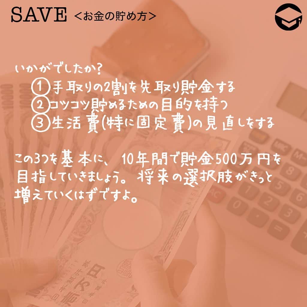 ファイナンシャルアカデミー(公式) さんのインスタグラム写真 - (ファイナンシャルアカデミー(公式) Instagram)「﻿ 【年収300万円向け】貯金500万円を実現する3つの方法﻿ 年収300万円は、決して多いとは言えない年収ですが、その中からしっかりと貯金できている人がいるのも事実です。過度な節約に頼らず、しっかり貯めていくためのコツをご紹介します👀﻿  ﻿ ーーーーーーーーーーーーーーーーーーーーー﻿  ﻿ 年収300万円は多い？少ない？﻿  ﻿ ーーーーーーーーーーーーーーーーーーーーー﻿  ﻿ まずはじめに、年収300万円という響きに、マイナスのイメージを持つ人が多く見られます😭年収300万円でも結婚できるだろうか？子どもを持てるようになるだろうか？と。しかし、年収300万円前後の層は実は少数派ではありません🙆‍♂️国税庁の平成28年分民間給与実態統計調査における、男・女、正規・非正規それぞれの平均年収は下記のとおり。﻿  ﻿ ・男性：521万円﻿ ・女性：280万円﻿ ・正規：487万円﻿ ・非正規：172万円﻿  ﻿ 男性の年収分布において一番多い割合は、『300万円超400万円以下』の18.2％。なので、年収300万円台の人が多数派であることが示されています。﻿  ﻿ ーーーーーーーーーーーーーーーーーーーーー﻿  ﻿ ①月20万円の中から2割の額を先取り貯金する﻿  ﻿ ーーーーーーーーーーーーーーーーーーーーー﻿  ﻿ 多数派とはいえ、年収300万円は余裕があるとは言えない金額です😢収入から税金などが引かれるため、手取りにすると250万円ぐらいになってしまいます。そのため、およそ月20万円の中から貯金額を決めなければなりません。そこでオススメなのは「先取り貯金」です✨﻿  ﻿ 月20万円の中から、2割にあたる4万円を先に貯金し、残りの16万円で生活費のやりくりをします。それを10年間続ければ、単純計算で4万円×12カ月×10年間＝480万円貯まります。﻿ 年収300万円はあまり余裕のない額だからこそ、長期的にコツコツ貯めるやり方が大切です🤗﻿  ﻿ ーーーーーーーーーーーーーーーーーーーーー﻿  ﻿ ②コツコツ続けるために、貯める目的を持つ﻿  ﻿ ーーーーーーーーーーーーーーーーーーーーー﻿  ﻿ 堅実な生活を続けていると、たまには贅沢してみたい、使えるお金が少なくてつまらないといった気持ちが湧き上がる瞬間があります。そのような一時的な気分に負けず、しっかりと貯金を続けていくために、目標設定をしましょう😎﻿  ﻿ 「結婚希望年齢までにひとまず200万円」「独身でゆったり過ごしたいので40歳までに500万円」など、自分のライフプランにあった目標に設定してもOKです。その後、自分で決めた目標に合わせた年単位、月単位の貯金額を割り出して、なるべく具体的な数字に落とし込んで計画を立てましょう👍﻿  ﻿ ーーーーーーーーーーーーーーーーーーーーー﻿  ﻿ ③生活費（特に固定費）の見直しをする﻿  ﻿ ーーーーーーーーーーーーーーーーーーーーー﻿  ﻿ 目的達成までの道のりが見えてきたら、今度は手取りから目標貯金額を引いた残りの金額で生活費をやりくりできるかどうか、生活費の棚卸しをします。食費や交際費、通信費などのどこかに無駄がないか、チェックが必要です☑️﻿  ﻿ 特に固定費は、大きな出費削減ポイントです✨無駄なオプションやサービスを見直すことができれば、ストレスなく出費をカットできますよ。また、固定費の出費がもともと少ない実家暮らしの人は、貯められるうちに貯蓄額をなるべく増やしておきたいもの。さらに単身者も、貯めやすい時期です。若いうちから「本当にお金を使いたいこと」を見極めるクセをつけ、ストレスなく貯められる体質を手に入れましょう🙋‍♂️﻿  ﻿ いかがでしたか？﻿ ☑️①手取りの2割を先取り貯金する﻿ ☑️②コツコツ貯めるための目的を持つ﻿ ☑️③生活費（特に固定費）の見直しをする﻿  ﻿ この3つを基本に、10年間で貯金500万円を目指していきましょう。将来の選択肢がきっと増えていくはずですよ🙆‍♀️﻿  ﻿  ﻿ ＝＝＝＝＝＝＝＝＝＝＝＝＝＝＝﻿  ﻿ さらに詳しくお金のことや﻿ 投資のノウハウ・知識を学びたいという方必見👀﻿  ﻿ 自宅にいながらお金や株・不動産投資の勉強ができる﻿ 「WEB体験セミナー」💻﻿ （@financial_academy）　﻿  ﻿ 詳しくはプロフィールリンクにあるサイトへ飛んでくださいね☝️﻿  ﻿ ＝＝＝＝＝＝＝＝＝＝＝＝＝＝＝＝﻿ #ファイナンシャルアカデミー #お金の教養  #手書きアカウント #情報収集 #貯金術 #貯金計画 #貯金生活 #貯金したい #貯金方法 #貯金部 #貯金初心者 #貯金できない #貯金女子 #ライフマネー #マネカツ」11月18日 17時01分 - financial_academy