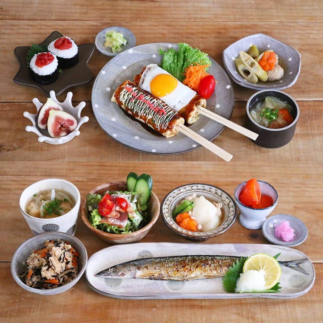 のインスタグラム：「♩ #レシピあり #まとめて投稿 #ひとりごはん . . 🍚箸巻きお好み焼き(レシピ↓) 筍と団子の煮物 お味噌汁 おにぎり いちじく . . 🍚秋刀魚の塩焼き シーザーサラダ ひじきごはん かぶの鶏そぼろ煮 お味噌汁 柿 . . 箸巻きお好み焼きのレシピ書いてます↓ 参考にしてもらえると嬉しいです☀️ . . 🍳【箸巻きお好み焼き】２本分 . 🥕材料 キャベツ　７０～８０ｇ 〇お好み焼き粉　５０ｇ 〇たまご　１個 〇水　５０ｍｌ 小ねぎ　適量 天かす　適量 紅ショウガ　適量 干しエビ　適量 目玉焼き・青のり・マヨネーズなど サラダ油　適量 割りばし　２膳 . . 🥕つくりかた ①キャベツはみじん切り、ネギは小口切りにする。  ②ボウルに〇を入れてよく混ぜる。  ③②に①、天かす・紅ショウガ・干しエビなどを入れてざっくり混ぜる。  ④玉子焼き器を熱して油を入れて③の半量を流し込む。中火で両面焼いたら取り出す。  ⑤生地の端っこを割りばしで挟み、ぐるぐる巻く。お好みソースをかけてお好みのトッピングをしたら出来上がりです♪ . . 🙌コツ・ポイント . 割りばしを挟むときは 全部割らずに少しだけ広げて挟んでくださいね♪ . . #yunaご飯#igersjq#今日のごはん#食卓#献立#yummy#ていねいな暮らし#お家ごはん#器#foodstagram#lin_stagrammer#delistagrammer#Japanesefood#デリスタグラマー#クッキングラム#クッキングラムアンバサダー#タベリー#フーディーテーブル#てづくりごはん365#おうちごはん#おうちごはんlover#Japan#マカロニメイト#夜ごはん#晩ごはん#小石原焼#翁明窯元」
