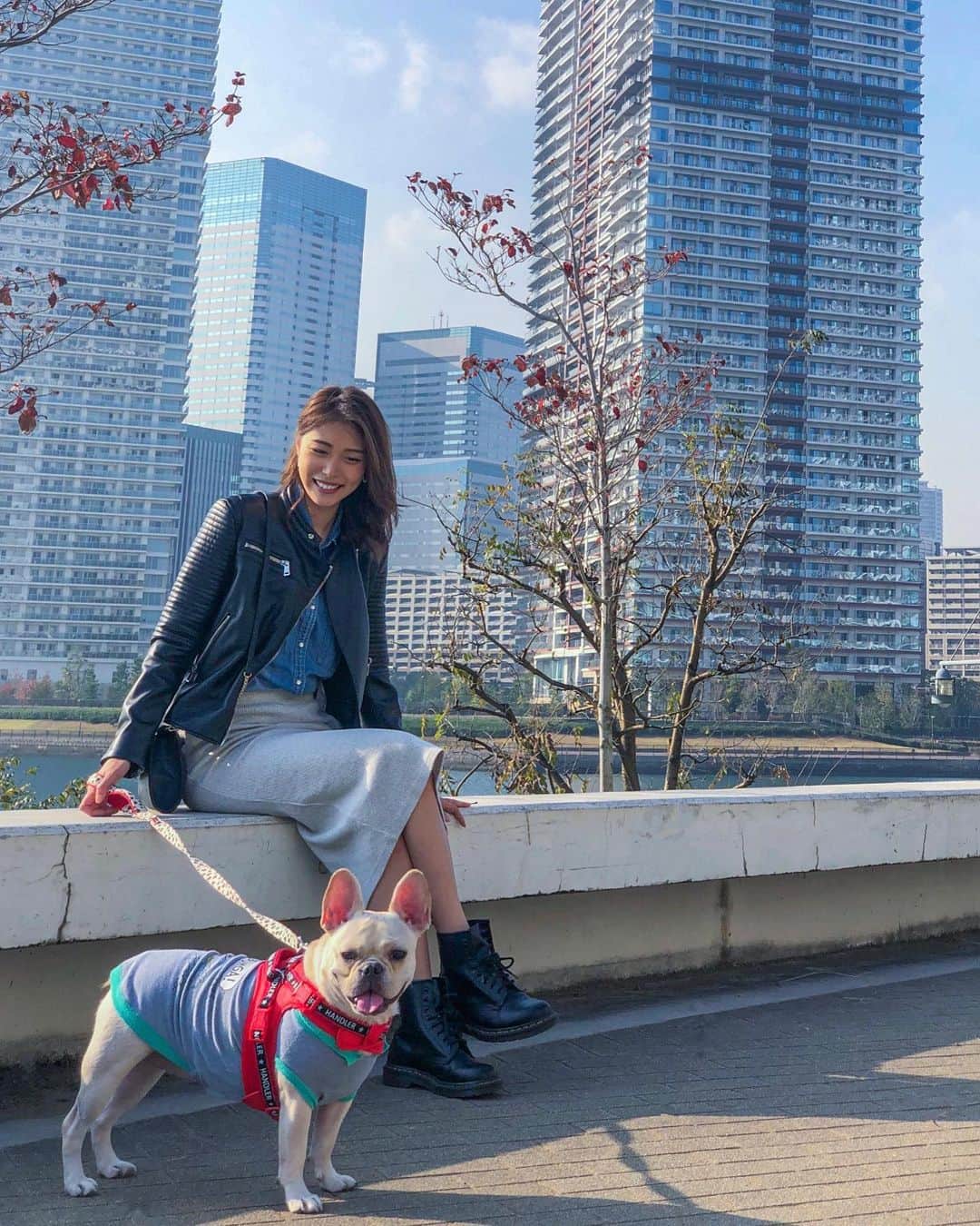 澤井玲未のインスタグラム：「姉カップルのイッヌとドッグランデビュー🐷 一緒に走り回った👟💨 暖かくてよかった🍂 #frenchbulldog#dogstagram#code#doctormartens#ootd#code#autumn #フレンチブルドッグ#フレブル#いぬすたぐらむ#めっちゃコミック#ぶひすたぐらむ」
