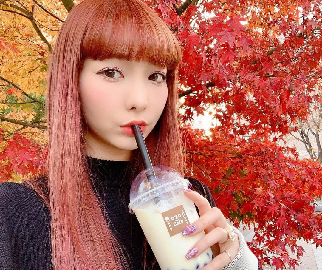 LISA minemuraのインスタグラム：「🌹 今日は髪いい感じにしてもらった🧸💖 下向いた時にサイドの髪が目にかかって邪魔だったけど、 前髪厚くして幅広げてもらったらすっごい快適🥺✨✨ ピノコみたいでしょ？🧸💖 ✧ で、お腹空いたから @oto.cafe でホットサンド🥪💕 マンゴー杏仁タピオカℓσνє♡(*˘ ³˘)cнϋ ♡ 🌹#ワインカラー #長野市カフェ #셀스타그램 #얼스타그램 #카메라 #촬영 #ヘアカラー  #ヘアスタイル #アッシュベージュ  #ベージュブラウン #エクステ #カラコン  #メイク #キャバ嬢 #キャバクラ  #長野 #長野市 #権堂  #りーみ #長野モデル #長野市モデル #長野県モデル」