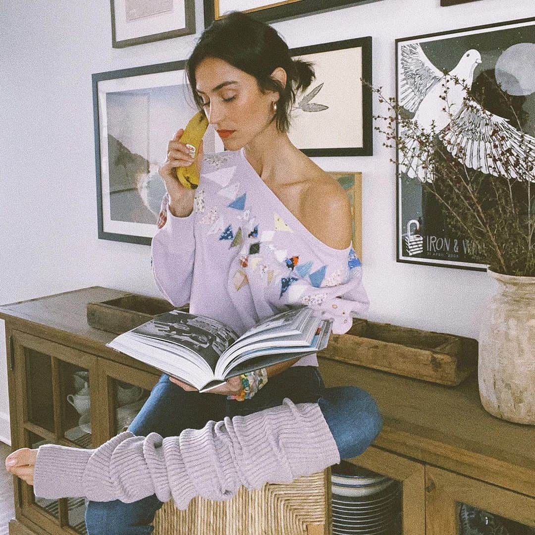 ダニジョーのインスタグラム：「@danielleasnyder WFH uniform 🍌 Shop the leg warmers and Lavender Patchwork sweater and take advantage of our 30% off sale with code DJEARLY30 ➰」