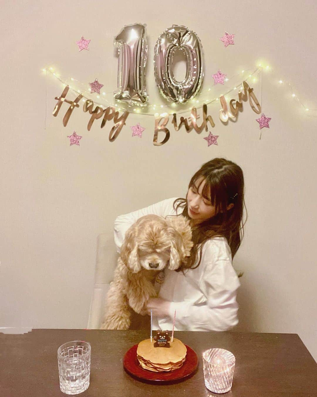 中川杏奈のインスタグラム：「2020.11.15 ノアたん10歳のお誕生日でした🐶 生後3ヶ月になる時から一緒に住んでるのでもう10年半以上！ あっという間😳 一緒に暮らしはじめた時はトイレはもちろん意思疎通も全く出来なくてどうしていいかわからず大変だったけど、小さな体で一生懸命ごはんを食べたり何にでも興味深々でしっぽを振りながら駆け回ったり駆け寄ってきたり本当に愛おしい存在💓 私の人生で一番幸せなことは間違いなくノアと出会えたこと🐕✨ 中型犬なのでとっくに折り返し地点はすぎていて愛情が増すほどいつか来るお別れが悲しくて仕方ないけど、ノアが毎日元気で幸せで長生きできるようこれからも最善を尽くしていきたいと思ってます💗 ♡ノアへ♡ 産まれてきてくれて、 出会ってくれてありがとう💓 毎日そばにいてくれてありがとう💓 世界で一番大好きだよ🥰 : 動画🎥 最近耳が遠いので興奮すると待てが聞こえないようで、お誕生日歌う前にフライング🥺🥺🥺 自分の叫び声が大きすぎて音量消しました😹 : 誕生日 #誕生日会 #誕生日会飾り付け #ノア #noa #noah #誕生日プレゼント #愛犬家 #愛犬家おばさん #チーズケーキ作り #犬ごはん手作り #オーダーtシャツ #お誕生日会 #ヨーグルトケーキ　#dogbirthday #アメコカ #アメコカバフ #コッカースパニエル #犬の誕生日　#犬誕生日　#dogbirthday #mydogmylife #mydogbirthday #mybirthdayparty #犬誕生日ケーキ  #りんごのパンケーキ 生地がゆるくて形が😫💦」