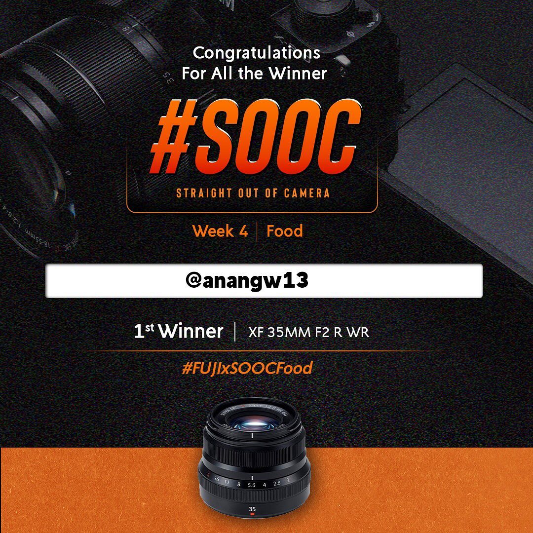 FUJIFILM INDONESIAさんのインスタグラム写真 - (FUJIFILM INDONESIAInstagram)「#SOOC Winner Announcement!  Terima kasih atas partisipasi kalian dalam mengikuti SOOC Challenge di minggu ke-4. Berikut adalah pemenang pilihan juri kategori food @dewandra  Selamat kepada @anangw13 sebagai pemenang Juara 1 dan @gietos_gallery sebagai pemenang Juara 2 dari #FUJIXSOOCfood! Kedua pemenang berhak mendapatkan hadiah yang telah ditentukan berupa Lensa Fujinon XF 35mmF2 R WR dan XC35mmF2 dari Fujifilm.  Kami juga mengucapkan terima kasih untuk antusias dan kontribusi para peserta lainnya yang telah memberikan karya terbaik pada rangkaian #SOOC Challenge.   Tetap semangat dan terus berkarya ya!  #FUJIXSOOC #GoFUJIFILM #fujifilm_id」11月18日 23時04分 - fujifilm_id