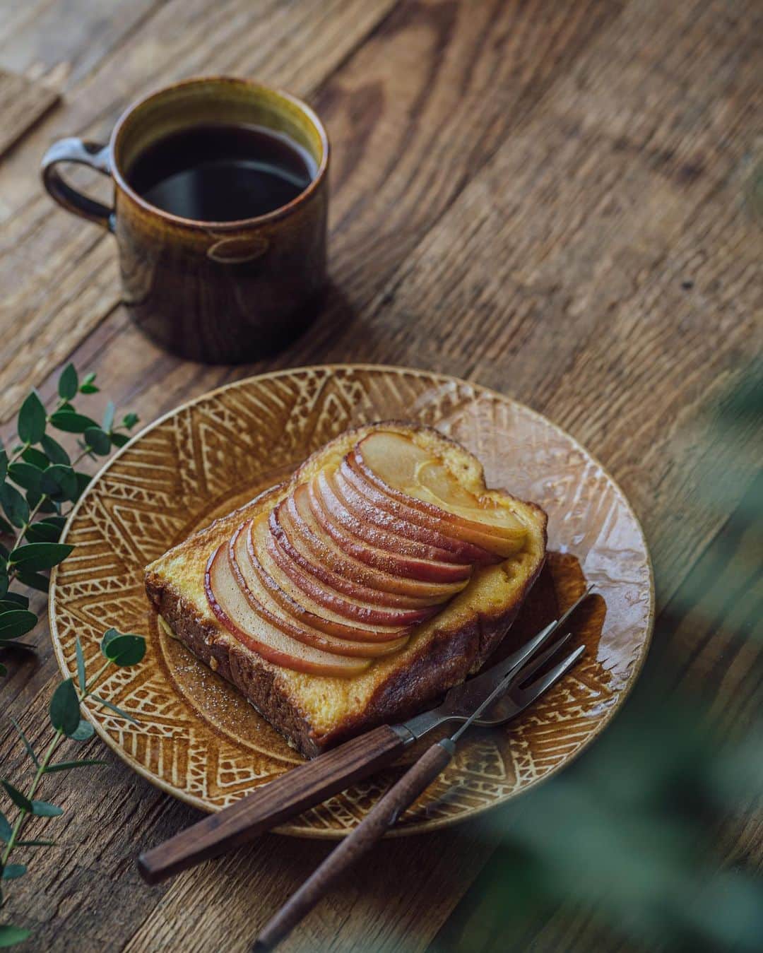 Nanaのインスタグラム：「今日の朝ご飯。 キャンプの残りのブリオッシュで フレンチトースト。 ソテーしたリンゴを添えて。」