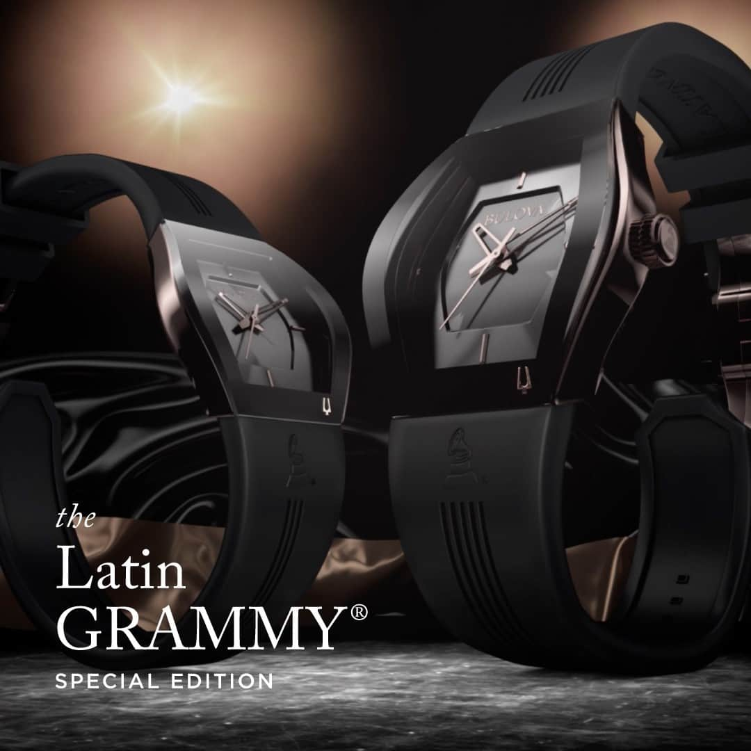 ブローバのインスタグラム：「Bulova is the official timepiece for the @LatinGRAMMYs, airing tomorrow night at 8PM on Univision--reimagined with special international performances for the first time. To commemorate the awards, we’ve created the Latin GRAMMY® Gemini that hits all the stylish notes with a sleek, asymmetrical rose gold stainless steel case with a black signature Futuro edge-to-edge curved metalized crystal. #Bulova #LatinGRAMMY — ⏱: 97A163 MSRP: $495.00 USD CASE: ø 40.5 mm — ⏱: 97L163 MSRP: $495.00 USD CASE: ø 30.5 mm」