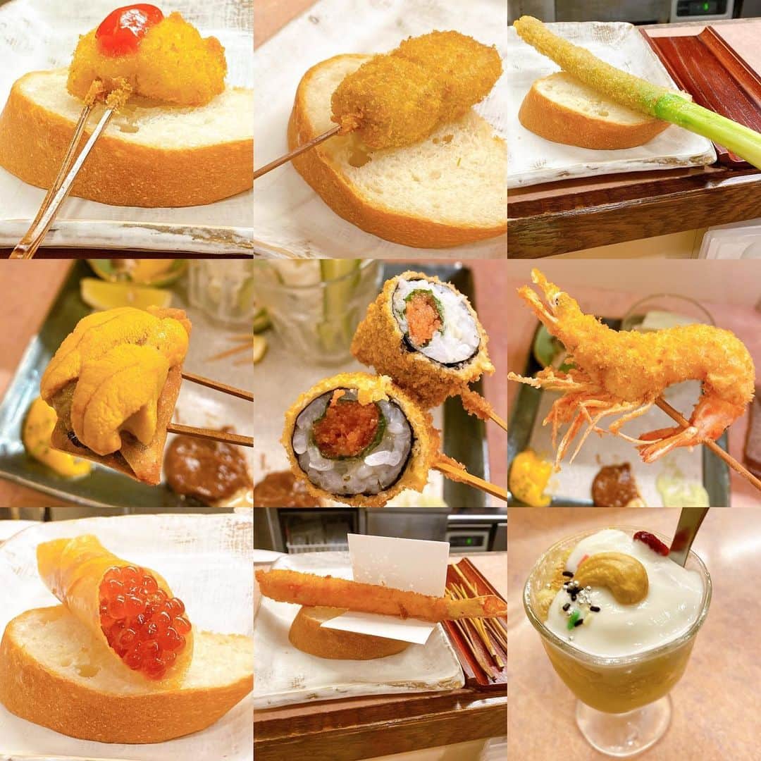 石原亜弥のインスタグラム：「🍤 夏休みの大阪めし アスパラ揚げるとこんなに美味しいのかとびっくり！ お皿代わりのパンは最後にガリトーに…✩ #串カツ#髭政」