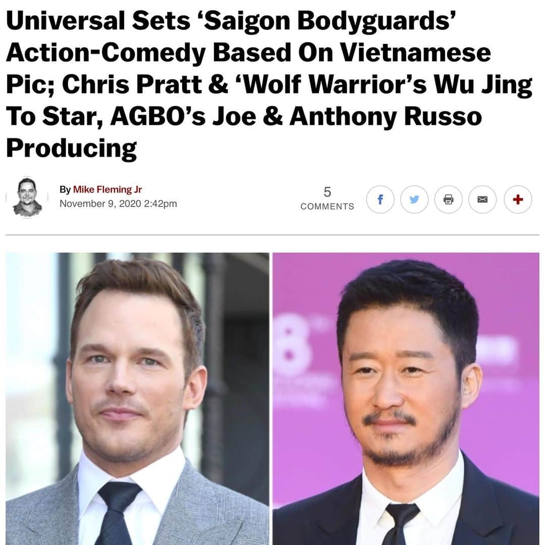 松本晃彦のインスタグラム：「Bodyguards (VỆ SĨ SÀI GÒN)" music by Akihiko Matsumoto, will be remade with Chris Pratt and Wu Jing, set at Universal Studios, produced by the directors of "The Avengers"'s Joe & Anthony Russo. 僕が音楽を担当した「サイゴンボディーガード」がクリス・プラット主演で米ユニバーサルでリメイクする事になりました。プロデューサーはアベンジャーズのルッソ兄弟とオリジナルの落合賢くん。」