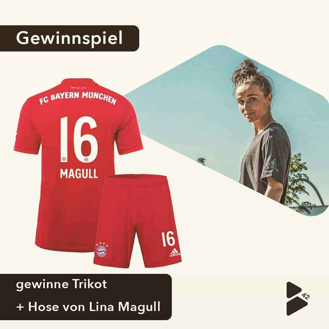Lina Magullのインスタグラム：「+++++++++++ #Gewinnspiel ++++++++++++++ Du hast jetzt die Chance ein FC Bayern Trikot von mir zu gewinnen! 😍 Ich verlose als Markenbotschafterin von B42 ein Trikot von mir und du kannst es gewinnen! 💥 Zudem legt die App B42 noch einen 3-Monats Zugang für die Premium Programme obendrauf! Sichere dir also jetzt deine Chance! 🙌🏼   Was du dafür tun musst?   1️⃣ Folge @b42_official auf Instagram👫👭👬 2️⃣ ❤️ diesen Beitrag.  3️⃣ Markiere mindestens einen Freund/in der/die unbedingt mein Trikot braucht. 🍀  🌟 Extrachance (freiwillig): teile das Gewinnspiel in deiner Story und markiere @b42_offical !   👉 Ab in den Lostopf & viel Glück❤️✌🏼  Das Gewinnspiel endet am 30.11.2020 um 23.59 Uhr. #gewinnspiel #verlosung #fcbayern #b42 #befearless #befocused #b42 #jersey #soccerjersey」