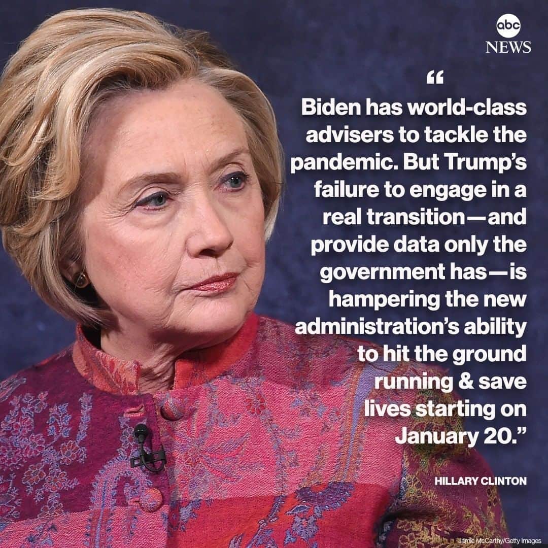 ABC Newsさんのインスタグラム写真 - (ABC NewsInstagram)「"Biden has world-class advisers to tackle the pandemic. But Trump's failure to engage in a real transition—and provide data only the government has—is hampering the new administration's ability to hit the ground running," Hillary Clinton says in a tweet. SEE MORE AT LINK IN BIO. #hillaryclinton #joebiden #donaldtrump #coronavirus」11月19日 1時53分 - abcnews