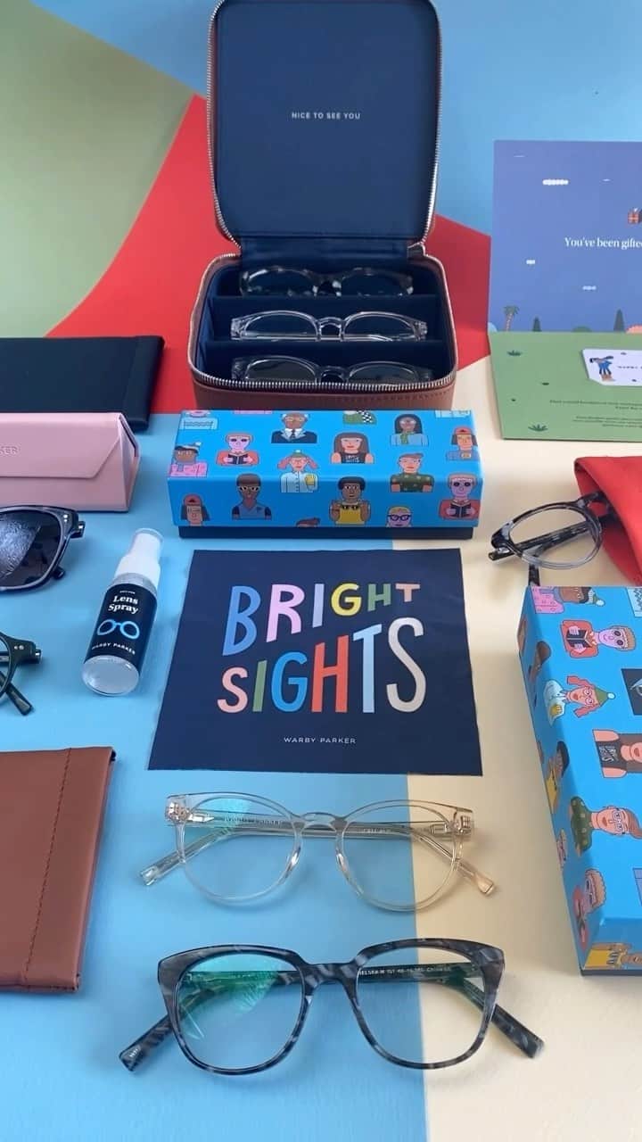 Warby Parkerのインスタグラム：「Our holiday gift guide is here! Between gift cards, spirited frames, and accessories, you can find something special for everyone 🤓 (Featuring art by @andyrementer 👀) Check out our Story for more!」