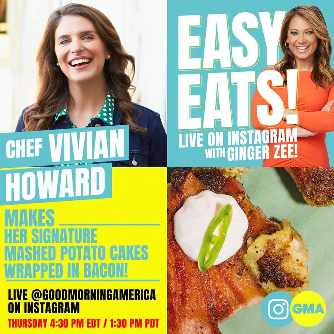 Good Morning Americaさんのインスタグラム写真 - (Good Morning AmericaInstagram)「#EasyEats LIVE this afternoon at 4:30pmEDT on Instagram with @Ginger_Zee and @chefandthef making her signature mashed potato cakes wrapped in bacon! It's the perfect dish for leftover mashed potatoes for #Thanksgiving and more!」11月19日 3時31分 - goodmorningamerica