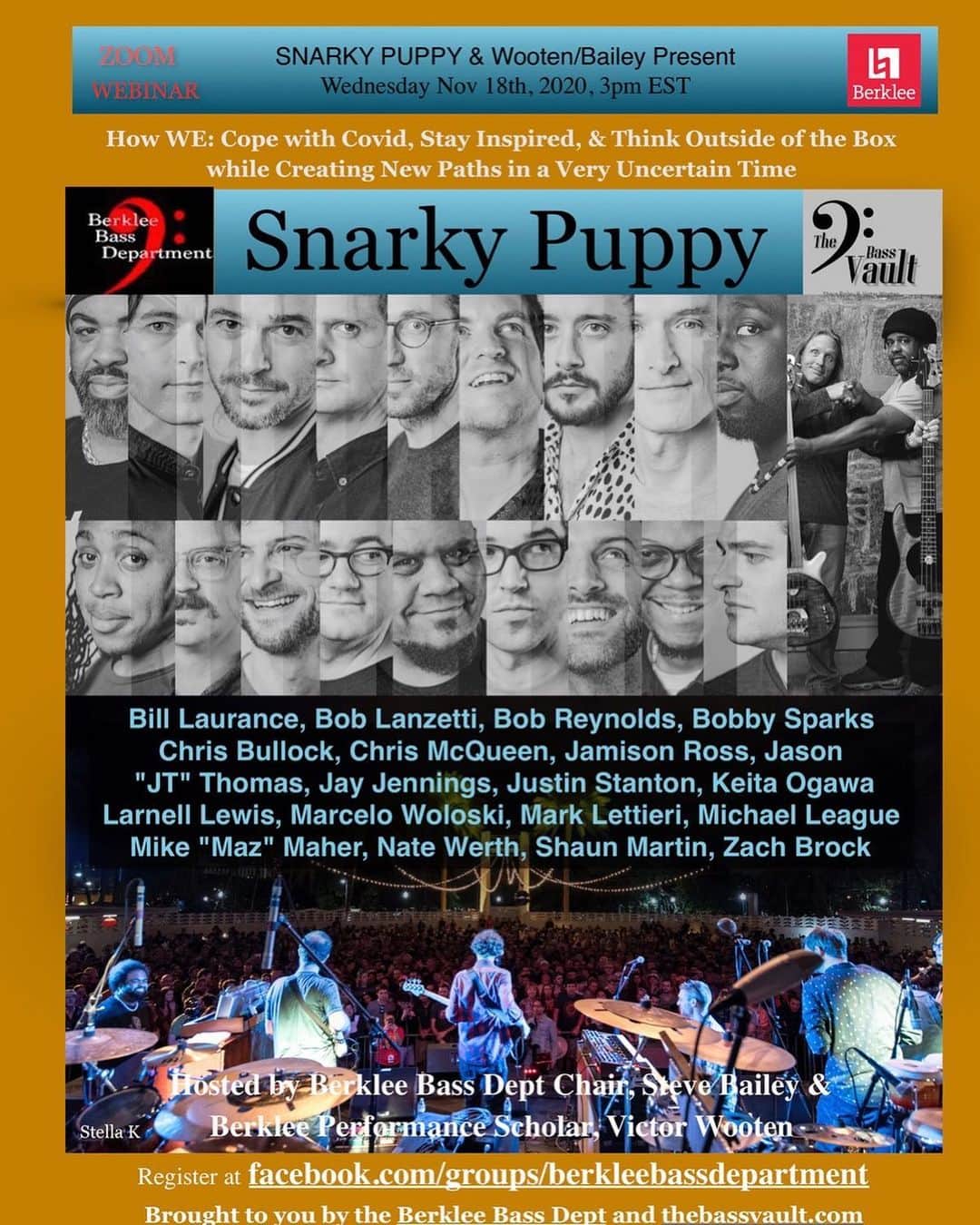 ヴィクター・ウッテンのインスタグラム：「Snarky Puppy Webinar: Happening Now!!! FREE!  https://berklee.zoom.us/webinar/register/WN_9_0Vr8uTQY-8a3z-1qGgxg」