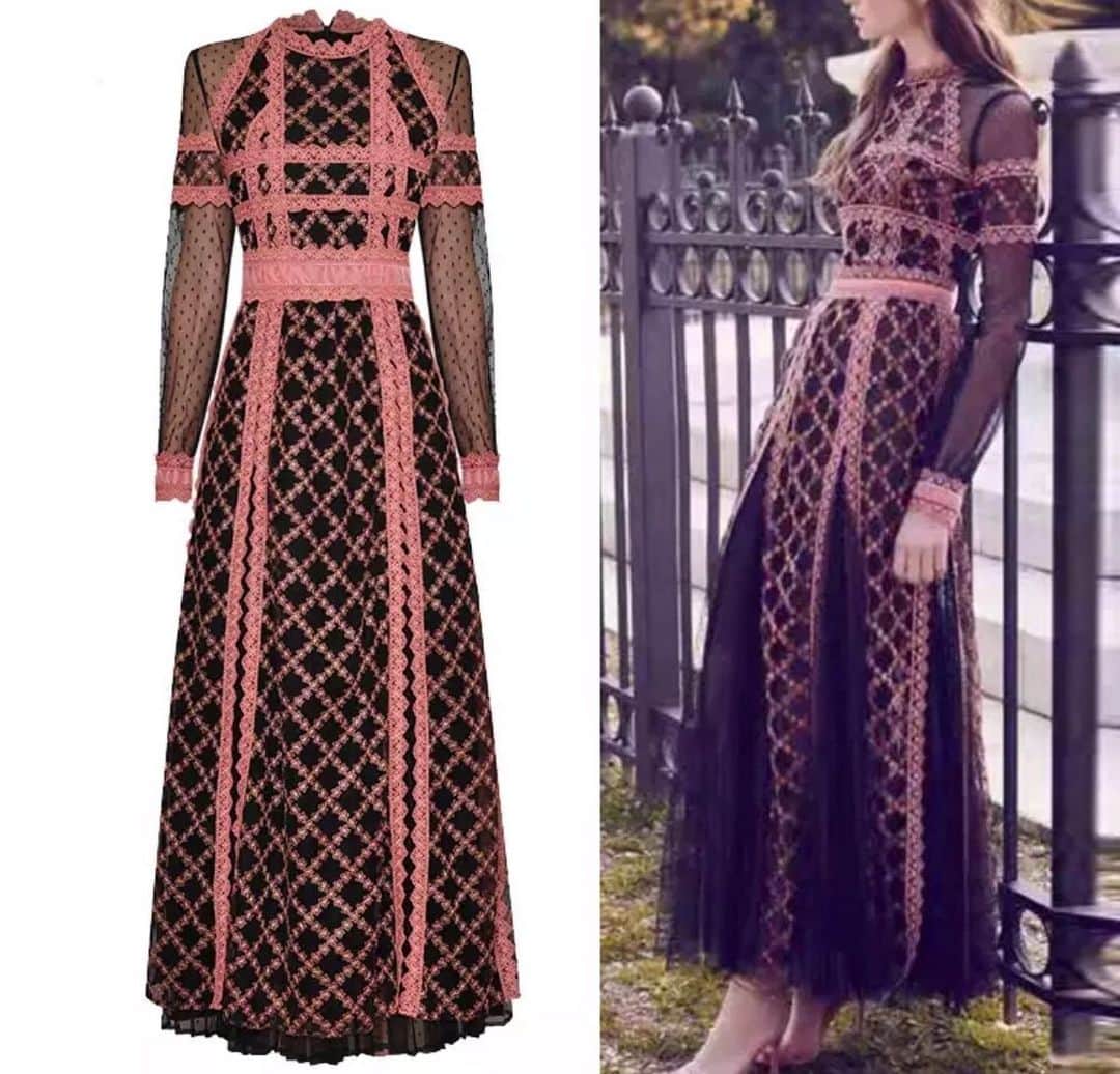 須之内美帆子のインスタグラム：「税込価格【¥1.2000-】 さらに！ショップからクーポンをGETし15%OFF！  #ブラックピンク#メッシュ#ドッド#チェック#刺繍#パッチワーク#プリーツロングスカート#ドレス#ワンピース  高品質なブラックメッシュ素材のドッド柄にピンクの刺繍レース！フワッとしたロングプリーツスカートにピンクのレースが靡いて目の引くアイテムです❤︎  ＊サイズ Sバスト84cm ウエスト68cm 肩幅36cm 着丈128cm Mバスト88cmウエスト72時肩幅37cm着丈129cm Lバスト92cmウエスト76cm肩幅38cm着丈130  ＊ご購入はプロフィールにあるURLからチェックして下さい❤︎」