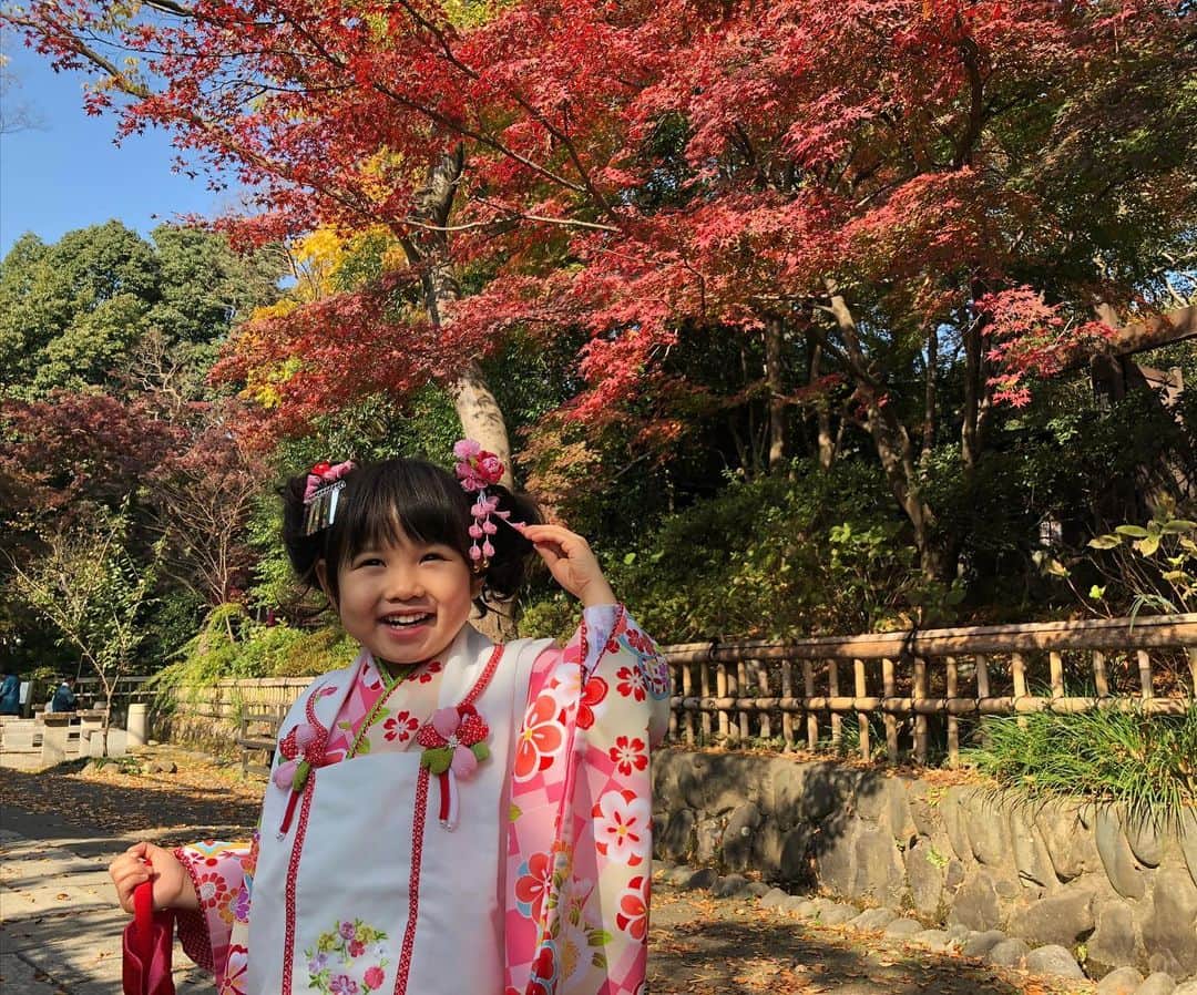 南まりかのインスタグラム：「. 娘の七五三☺︎ お天気も良くて、紅葉も綺麗で、可愛らしい写真が撮れました✨  すくすく育って欲しいです♡  ちょっとだけメイクしてあげたら、 「もっとして」「もっと」だって。笑  #七五三 #3歳女の子 #紅葉  #いい笑顔 #おめでとう」
