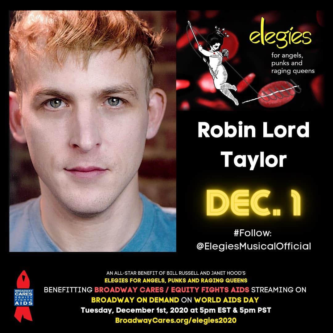 ロビン・ロード・テイラーのインスタグラム：「I have a small part in this beautiful work. Elegies For Angels, Punks, and Raging Queens—streaming on @bwayondemand 12/1, #WorldAIDSDay. Benefitting Broadway Cares/Equity Fights AIDS @bcefa @elegiesmusicalofficial ❤️」