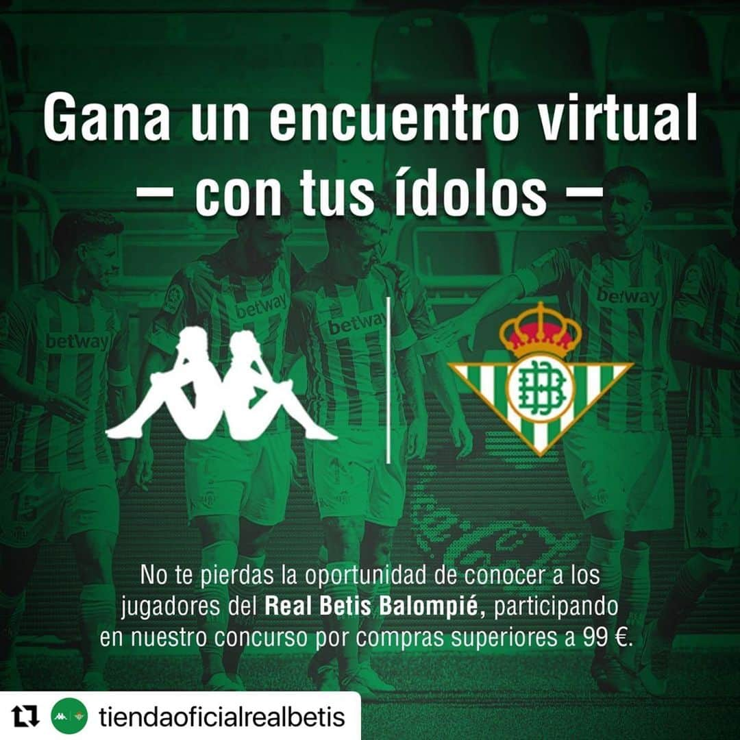 レアル・ベティスさんのインスタグラム写真 - (レアル・ベティスInstagram)「¡Tienes hasta el lunes 23 para participar! 👀💻👇 — #Repost @tiendaoficialrealbetis  ・・・ ¿Quieres ganar un encuentro virtual con los jugadores?  Ojo, y atent@, esto es lo que hay que hacer para participar...:  - Realizar compras superiores a 99€ entre el día 18 y 23 de noviembre.  - Es necesario enviar el ticket de compra a través de mensaje directo a la cuenta oficial de Instagram @tiendaoficialrealbetis  - El encuentro virtual se realizará después del partido ante el Éibar, el día 30 de Noviembre de 2020, en el que participarán 2 jugadores del club bético.  - Los ganadores se anunciarán a través de las principales redes sociales de la tienda oficial, el día 24 de noviembre de 2020.  - Válido para compras online y en tiendas físicas  Vamos, los jugadores te esperan😱😱😱  #KAPPA4BETIS #KAPPASPORT」11月20日 1時20分 - realbetisbalompie