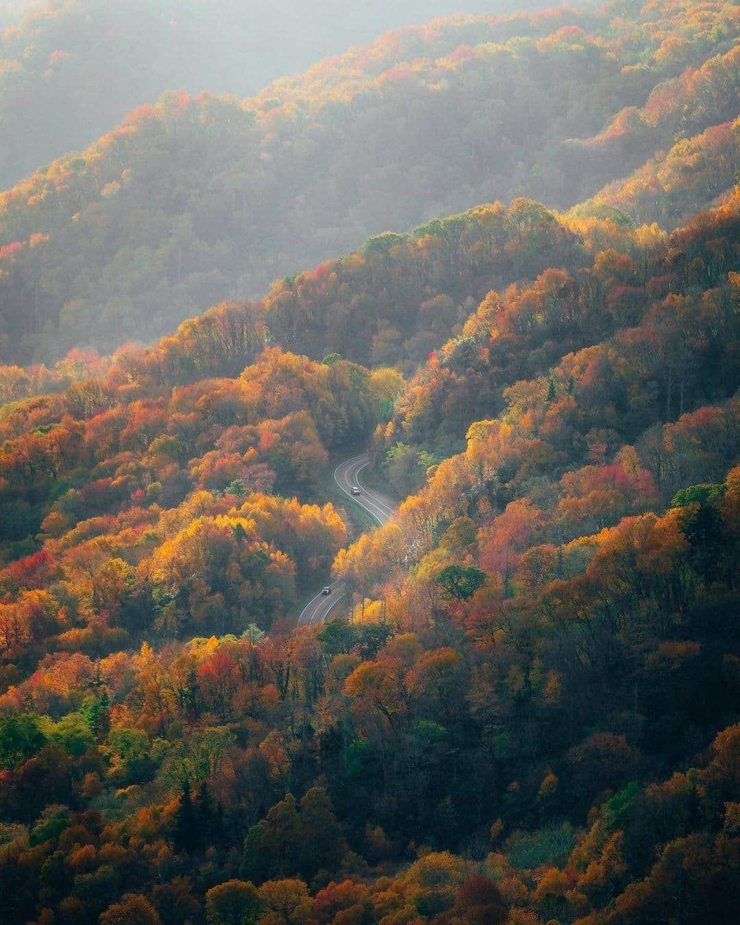 Visit The USAのインスタグラム：「"Painted hills! 👨🏻‍🎨 Recently spent our first time in the Great Smoky Mountains on the hunt for fall colors." Talk about a road trip with a view! Great Smoky Mountains National Park is located on the border of North Carolina and Tennessee and has sprawling hills perfect for hiking or leaf-peeping! #VisitTheUSA 📸 : @maxloew」