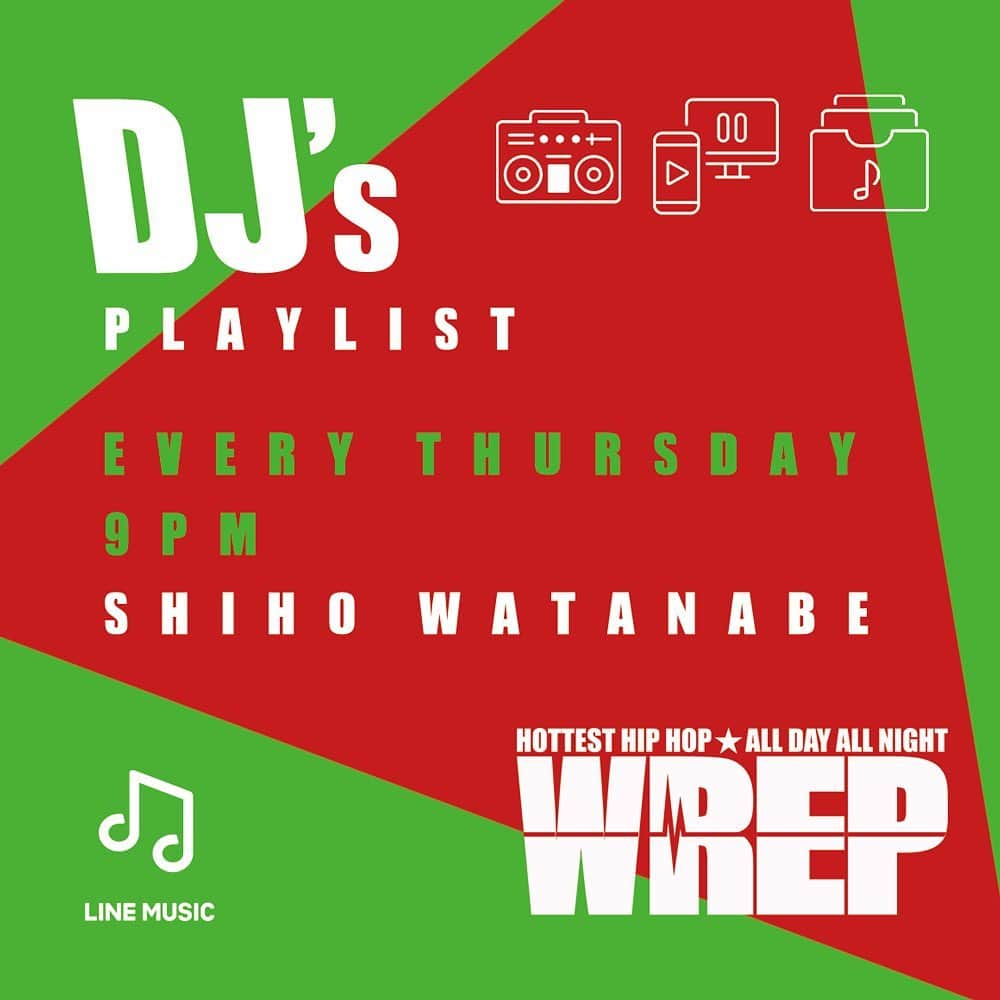 DJ ATSUのインスタグラム：「今夜 21:00〜﻿ SHIHO WATANABE がナビゲーターを務める ﻿ #WREP × #LINEMUSIC 「DJ's PLAYLIST」に出演します！ゼヒ聴いて下さい。﻿ いつもWREP出ると、喋り過ぎて大丈夫かと不安になりますw #おしゃくそ﻿ ﻿ → https://wrep.jp﻿ ﻿ ﻿ LINE MUSIC プレイリストもゼヒCheckして下さい♪﻿ ﻿ 「サンプリング R&B HITS 2020」by DJ ATSU﻿ → https://lin.ee/CGrB5yp/lnms」