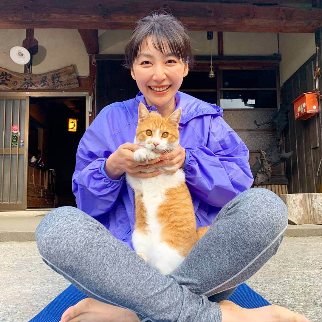 橋本真衣のインスタグラム：「. 猫とヨガ🙄❤️ . . #八女市#天空の茶屋敷#もふもふチャージ完了#代わりにマイクのもふもふを献上#ももち浜ストア」