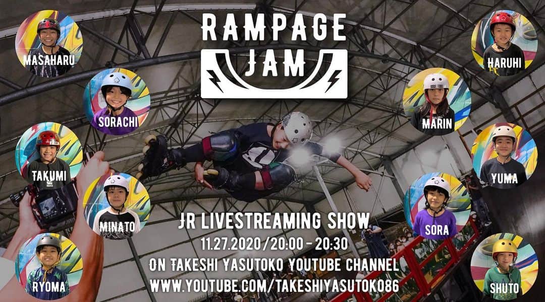 安床武士のインスタグラム：「RAMPAGE JAM Jr. live-streaming show🎉 supported by @ascschool .  11.27.2020 20:00-20:30 (🇯🇵time)  On Takeshi Yasutoko YouTube channel! (Link in bio)  エクストリームスポーツライブ配信ショーケース「RAMPAGE JAM」Vol.2の前夜にインラインスケートの子供達によるショーケースを配信！ 魅せる滑りはもちろん、Rの滑り方などの基本的な事も紹介する予定です。 MCは安床ブラザーズの2人で🎤 ぜひチェックを！  11月27日(金)20時〜20時30分 安床武士YouTubeチャンネルにて無料配信。 (投げ銭システム)  プロフィールからYouTubeチャンネルにいけます☝️  📷 @kubotafoto . #rampagejam #ランページジャム #ランジャム #rollerblading #inlineskate #rollerfreestyle #youtube #livestreaming #ライブ配信 #インラインスケート #ローラーブレード #ascスクール」