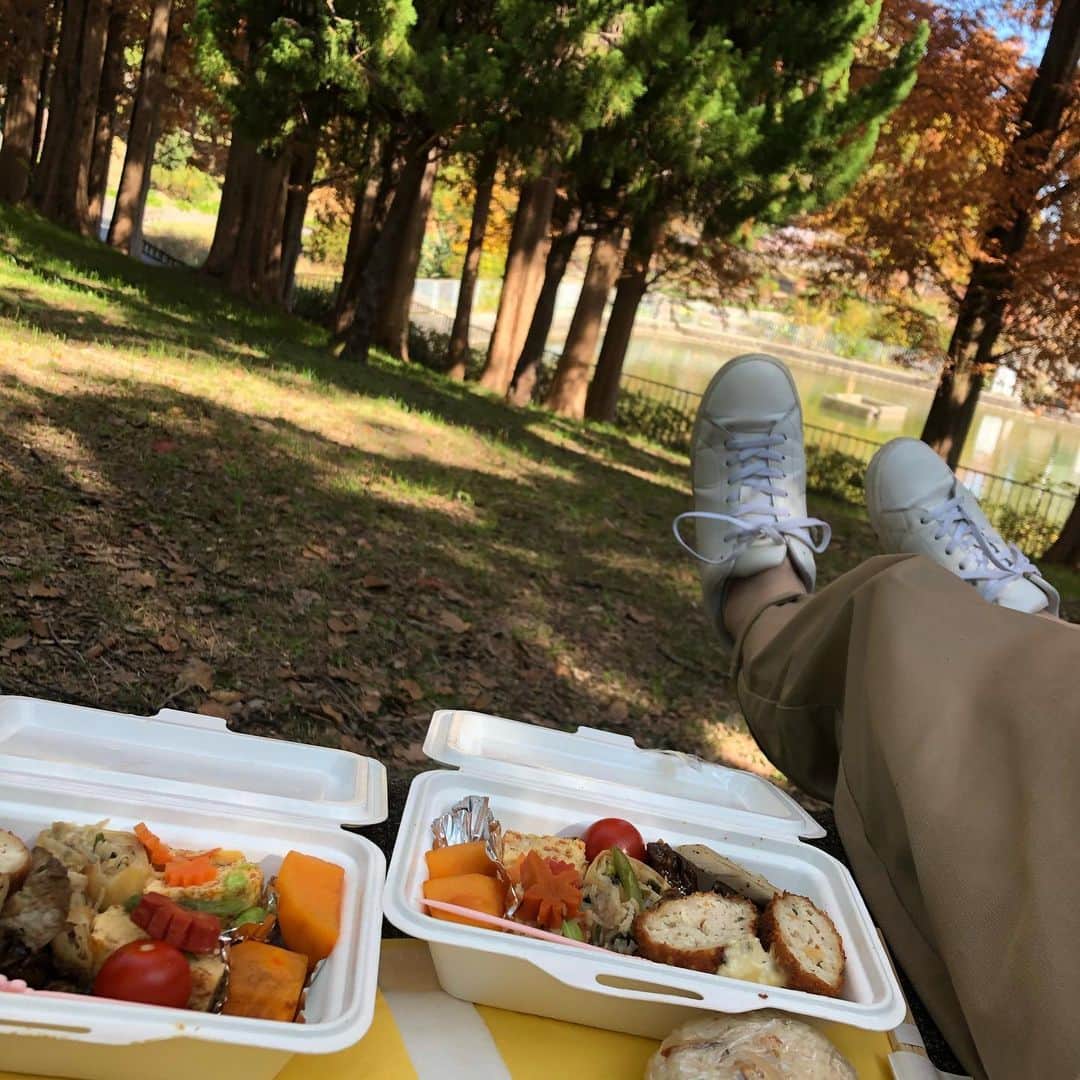 央雅光希のインスタグラム：「オープンエアーでのソーシャルディスタンスランチ！ ~お弁当を持っての巻~ 気持ちよかった〜…というか、もはや暑かった‼️ 紅葉狩りの予定が、色々あってあまり紅葉は見なかった。」