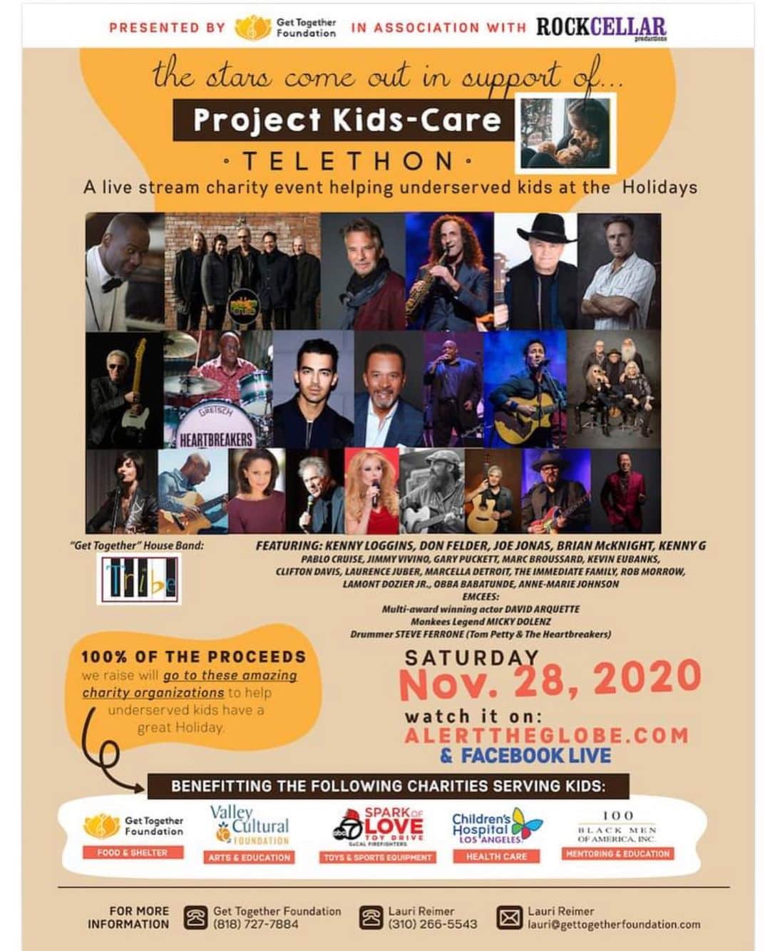 ロブ・モローのインスタグラム：「Project Kids-Care Telethon, helping underserved kids at the holidays. Watch it November 28th! Announcing the first list of stars and special guests: Kenny Loggins, Don Felder, Brian McKnight, Jack Black, Kenny G, Pablo Cruise, Jimmy Vivino & Conan O'Brien, Marc Broussard, Joe Jonas, Kevin Eubanks "Official Page", Clifton Davis, Laurence Juber, Marcella Detroit, The Immediate Family, Rob Morrow, Lamont Dozier Jr, Gary Puckett, Rebecca Holden, Obba Babatundé, Anne Marie Johnson, and live performances by The Tribe Band PLUS OUR FABULOUS EMCEES: multi award-winning actor David Arquette, musicians Monkees legend Micky Dolenz, and drummer Steve Ferrone (Tom Petty & The Heartbreakers, Average White Band, Eric Clapton). Many more expected! Watch it on Alert the Globe, Facebook Live or ABC.com. CLICK HERE & LET US KNOW YOU'RE PLANNING TO WATCH! https://www.facebook.com/events/356841752258724 — with Steve Postell and 24 others.」