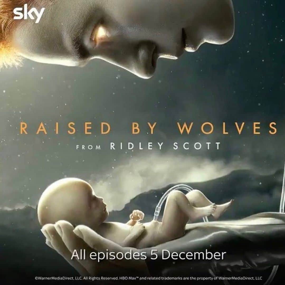 ジョーダン・ロクランのインスタグラム：「@raisedwolvesmax coming to the UK on @skytv December 5th!!   [Image Description: Mother looking down at a small newborn child cradled in her hands. Her eyes are glowing. The text across the image reads ‘Raised By Wolves from Ridley Scott. All episodes 5 December.’]  #RaisedByWolvesMax#RidleyScott#HBOMax#SkyTV」