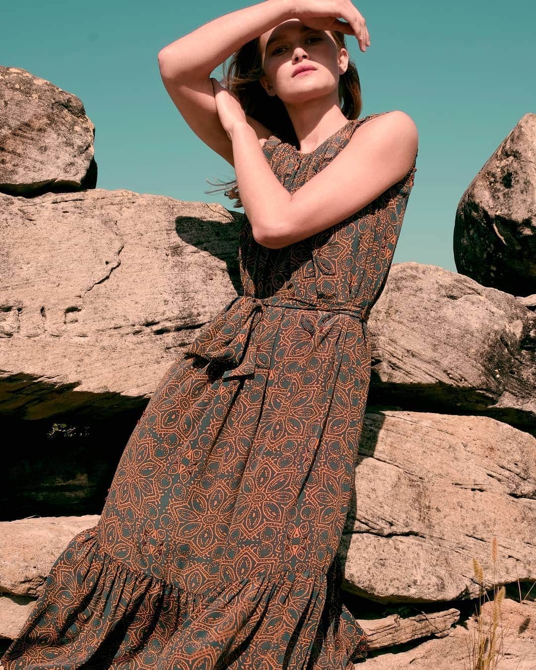 ミーガンパークのインスタグラム：「Introducing the Ishra Beaded Silk Dress // a print of golden line work upon a dark inky base of powder silk crepe, this striking dress is intricately embellished with orange and gun metal glass beads. Find the Ishra Beaded Silk Dress at our Fitzroy boutique and online now x」