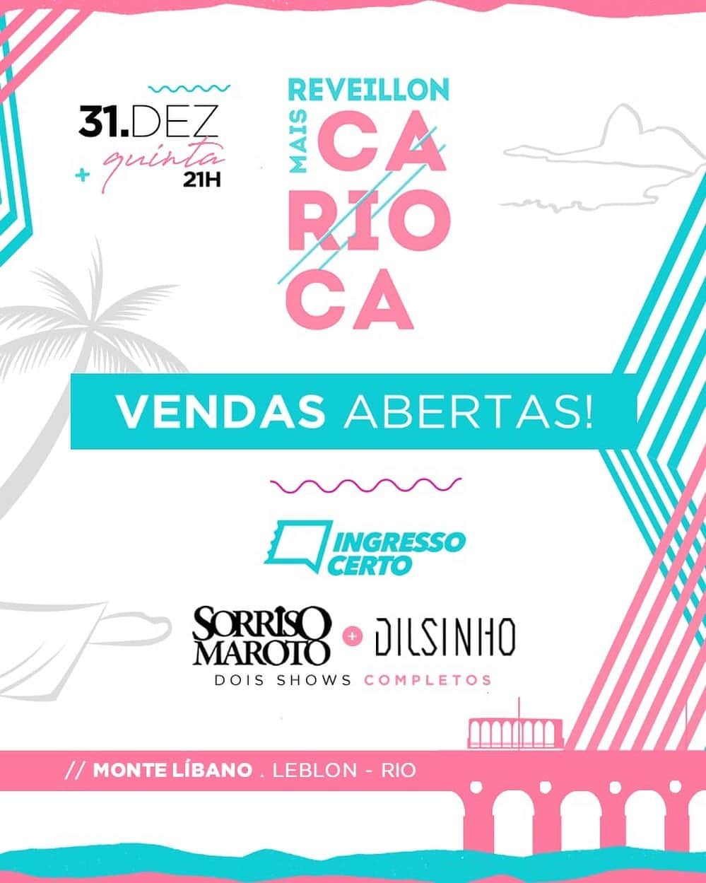 Sorriso Marotoのインスタグラム：「Alô, Rioo! Que tal entrar em 2021 curtindo a gente e @dilsinho em dois shows completos? Dia 31/DEZ tem o "Reveillón Mais Carioca" no Monte Líbano com todos os protocolos de segurança, All Inclusive, DJ's em 3 pistas simultâneas e, claro, muito pagode, né? 😀 Garanta já o seu antes que esgote, hein! (Link nos stories)」