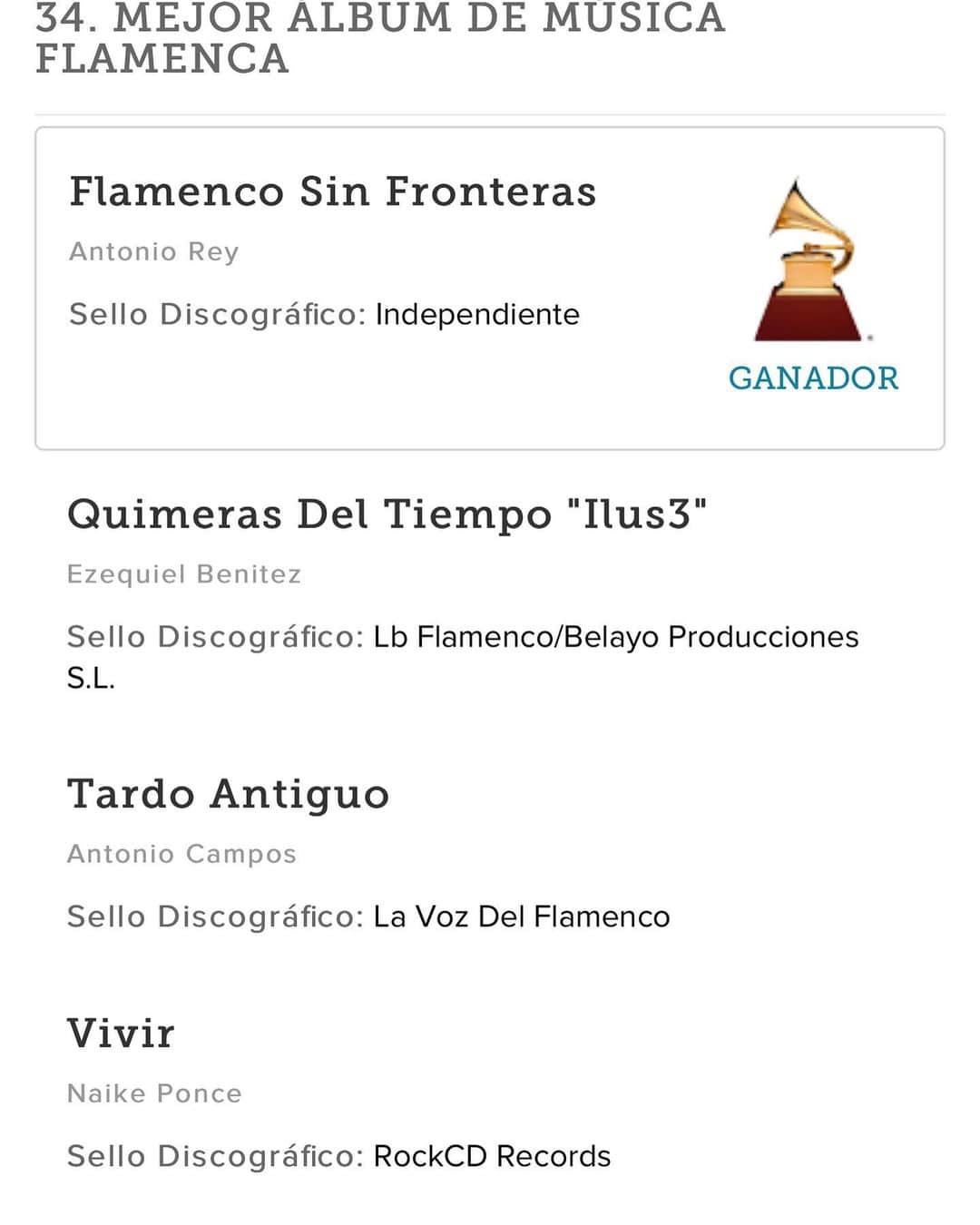 DeFlamenco.comのインスタグラム：「Pues aquí el álbum ganador del #latingrammy música flamenca, enhorabuena a @antonio_rey_flamenco  por su disco "Flamenco sin fronteras" y también a los finalistas, @ezequielbenitez_oficial, @antonio_reyes_montoya_ @naikeponce y @camposmunozantonio   Llegar hasta ahí ya es un gran logro.   #latingrammy #latingrammys #latingrammy2020  #flamenco #deflamenco」