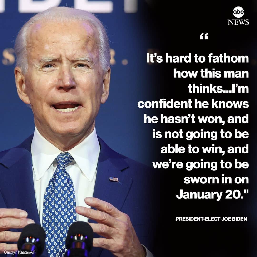 ABC Newsさんのインスタグラム写真 - (ABC NewsInstagram)「Pres.-elect Joe Biden on Pres. Trump's unsuccessful attempts to alter Michigan election outcome: "It's hard to fathom how this man thinks."⁠ "I'm confident he knows he hasn't won...and we're going to be sworn in on January 20." #joebiden #donaldtrump #michigan #voting #election2020 #election⁠ ⁠ Read more at LINK IN BIO.」11月20日 6時50分 - abcnews