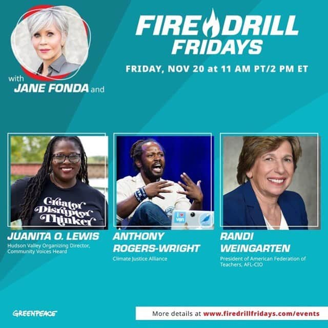 ジェーン・フォンダさんのインスタグラム写真 - (ジェーン・フォンダInstagram)「Repost from @firedrillfriday • FRIDAY! 🔥 Join @JaneFonda, @GreenpeaceUSA and powerful guests Juanita O. Lewis of @CVHaction, Anthony Rogers-Wright of @CJAOurPower, and Randi Weingarten of @AFTunion to chat about how Congress and grassroots leaders are working to put people and the planet before corporate profits. ⠀⠀⠀⠀⠀⠀⠀⠀⠀ RSVP at the link in our bio!」11月20日 7時46分 - janefonda