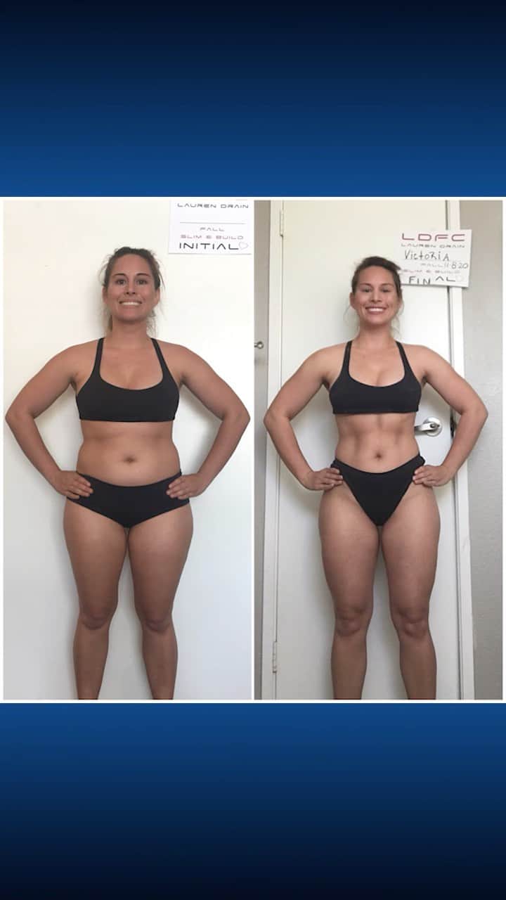 Lauren Drain Kaganのインスタグラム：「VICTORIA  @Vicki_bea in her own words: “I have struggled to diet and get in shape on my own. I love the meal options and how I felt overall. I am more healthy and My knees hurt less. I am happy I now have the idea of how I should eat and how much. I actually was not eating enough of the right foods. I also enjoyed different workouts. I was traveling at the end and had to do homework options. It was great, they were just as hard as being in the gym.” She also took home $500 in cash for having accomplished this amazing transformation. Join my next 6 Week Challenge starting this Sunday the 22nd. Get all the info via the link in my bio💪🏽 Spots are almost gone so get yours while you still can🙈 What are you waiting for? If you are hesitant just look over the testimonials on my website or drop me an email with your questions. I’ve now helped over 25,000 clients over the last 5 years and will be doing this program along side everyone to hit my personal 2020 postpartum goals.  #weightloss #weightlossjourney #diet #dietplan #workout #athomeworkout #fitmom #fitness #fitnessmotivation #fitness #fitfam #mealplan #legday #squats #squat」