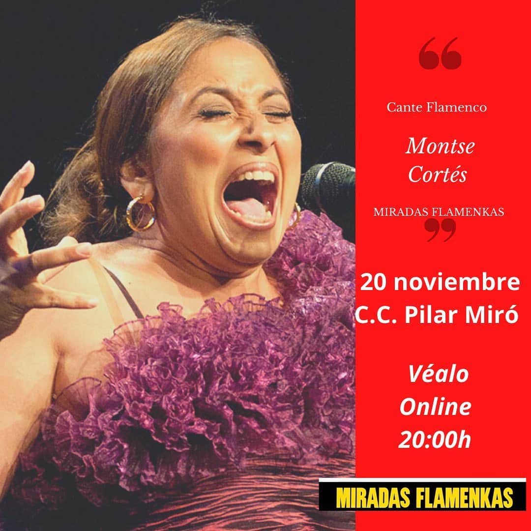 DeFlamenco.comのインスタグラム：「Esta noche, a las 20:00h @montsecortesoficial estará en el C. C. Pilar Miró en el ciclo #miradasflamenkas  Y también se emite en streaming en esta web.   https://www.comunidad.madrid/centros/centro-cultural-pilar-miro#miradas-flamenkas-streaming  #flamenco #flamencomadrid #deflamenco #cante #canteflamenco」