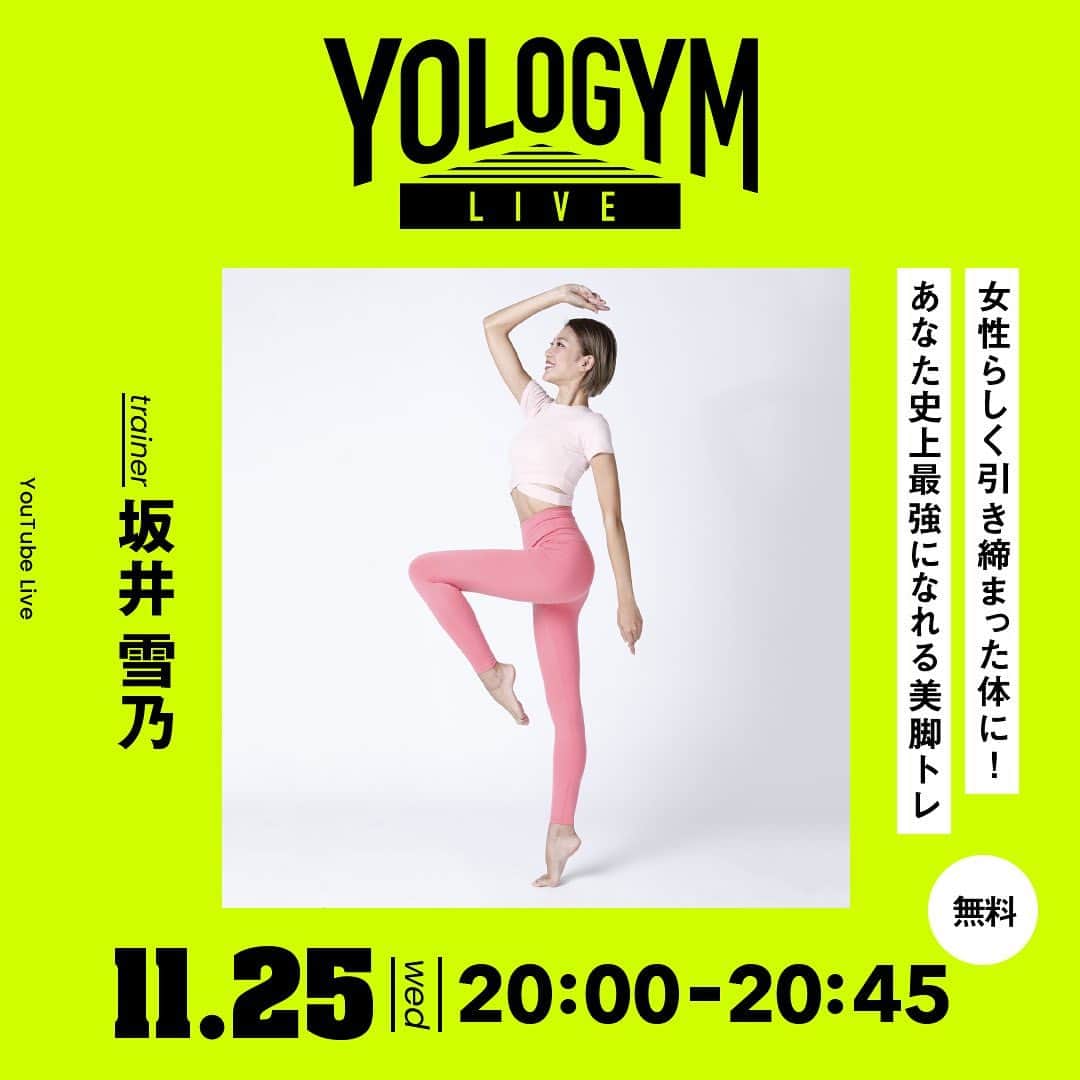 YOLOのインスタグラム：「.﻿ ＼11/25(水)にYOLO GYM LIVE実施します💕／﻿ ﻿ 来週(水)20:00〜ライブ配信決定！ 「女性らしく引き締まった体に！あなた史上最強になれる美脚トレ」を実施します🌟  講師にお迎えするのは、股下86cmの驚異の美脚の持ち主、美脚製造トレーナーの坂井雪乃(@yukino_sakai)さん。コンプレックスがあった自分の脚をトレーニングで乗り越えたという経験を生かしたレッスンは要必見です👀  今回もYouTube Liveでカメラ2台体制でお届け📹﻿ 無料なので、誰でもご参加可能です🙆‍♀️一緒に美脚を目指しましょう！  【Information】﻿ 配信日時：11/25(水) 20:00〜20:45 配信元：YouTubeLive﻿ 料金：無料！どなたでも参加できます  アカウントTOPのURLから、YouTubeのチャンネル登録をしてお待ち下さい✨ →@yolo.style_japan」