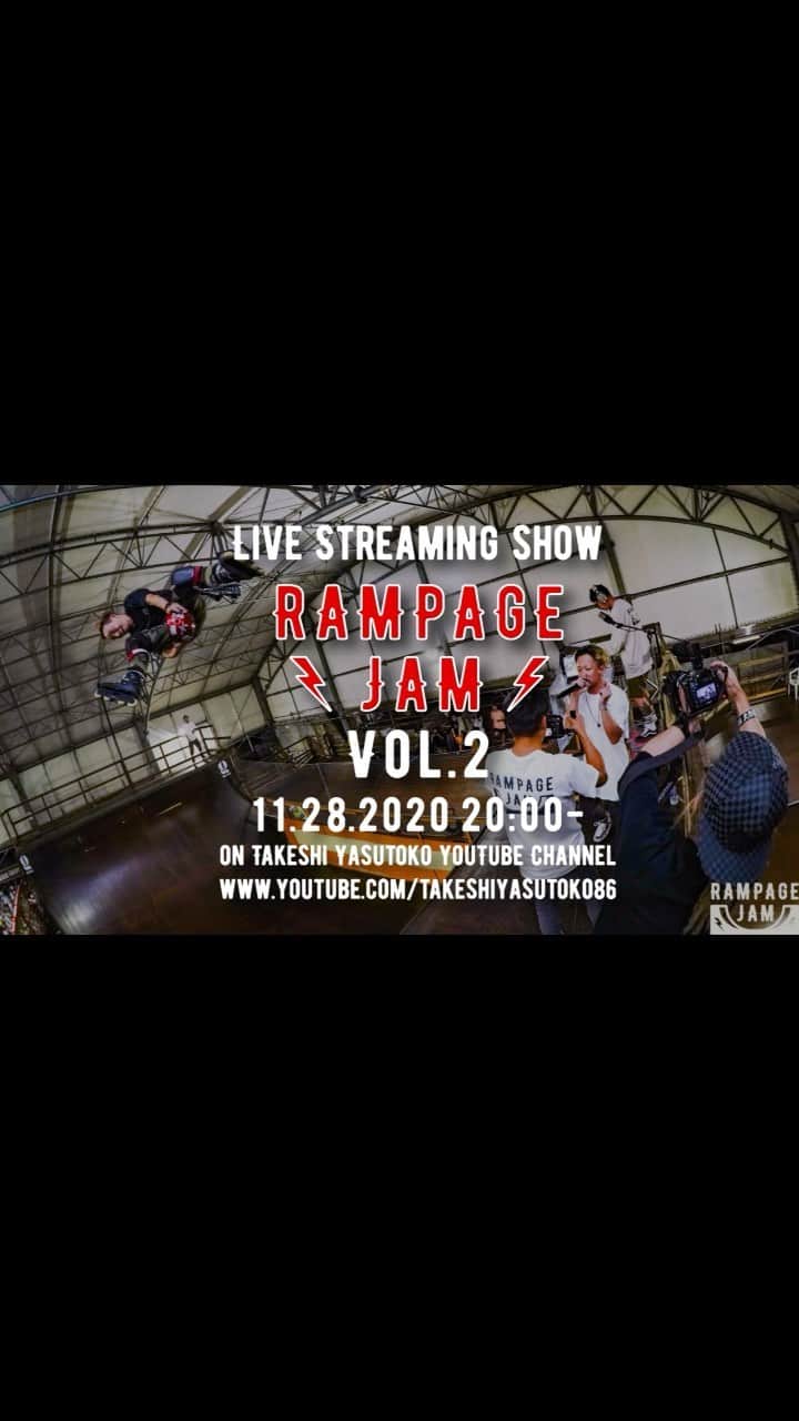 安床武士のインスタグラム：「Live-streaming show!! It’s coming 11.28 20:00-21:00 🇯🇵time. On my YouTube Channel!! (Link in bio)  11月27日(金)はキッズスケーターによるショーケース配信！ 11月28日(土)はRAMPAGE JAM Vol.2ライブ配信！！  2夜連続でお付き合いください✨ 今回のメンバーも豪華なラインナップ！  “Inlineskate” Takeshi Yasutoko @haruhi_gram  @jyulia_takebe   “BMX FLATLAND” @yorkuno  @masato1990   “SKATE BOARD” @motoshibata  @kisanakamuraa  @takuto.yamamoto624   “MC” @eitoyasutoko  @natsu.yasui   “DJ” @feelin_acchan   今年最後のショーケース、6年ほどやっていない自分の中の最高トリックにライブ配信で挑戦します。 成功するのか失敗のまま終わるのか…皆のパワーで成功させてください🔥  #rampagejam #ランジャム #ランページジャム #youtubeライブ配信 #livestreaming」