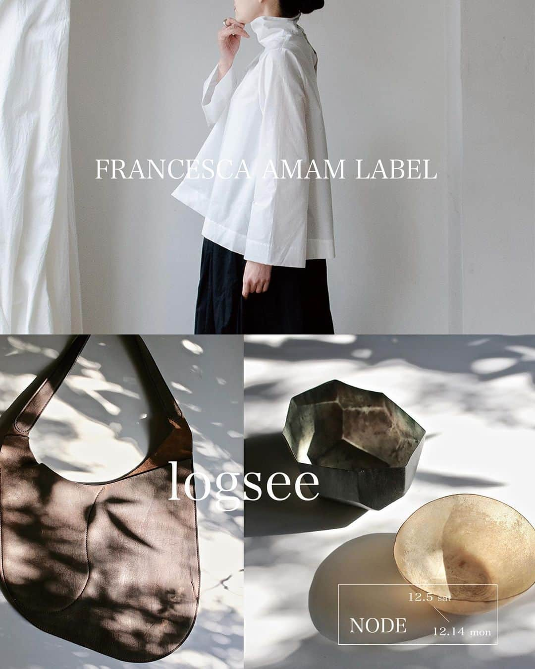 Tomohide Furuyaのインスタグラム：「"FAL × logsee" . . NODEでの12月の展示になります。 . FRANCESCA AMAM LABEL × logsee exhibition at NODE 12.5-12.14 . . ぜひお立ち寄り下さい。 . . 【 FRANCESCA AMAM LABEL 】 . NODEでの３回目となるFALさんの展示。 . 神戸・六甲にアトリエを構え、 デイリーに着られる気軽さの中にも上品さもあるお洋服を作っています。 . INSTAGRAM ▶︎ @francesca_amam_label  . . 【 logsee 】 . “皮から革に皮なる。 革から皮に目を向ける” . 最高級の革で仕立てるフルオーダーで培ったノウハウで独自の世界観を表現する「 LO 」と 皮を鞣しから行い、粗野の美しさ、生きていた気配を整え形にする「 uun 」 . 皮と革、２つの”かわ”の比較を表現しています。  . INSTAGRAM 「LO」 ▶︎ @lo_logsee  . INSTAGRAM 「uun」 ▶︎ @uun_logsee  . . @logsee_ishiguroyoshie  . . ぜひこの機会にお立ち寄り下さいませ。 . . #francescaamamlabel #logsee #node_tasworks」