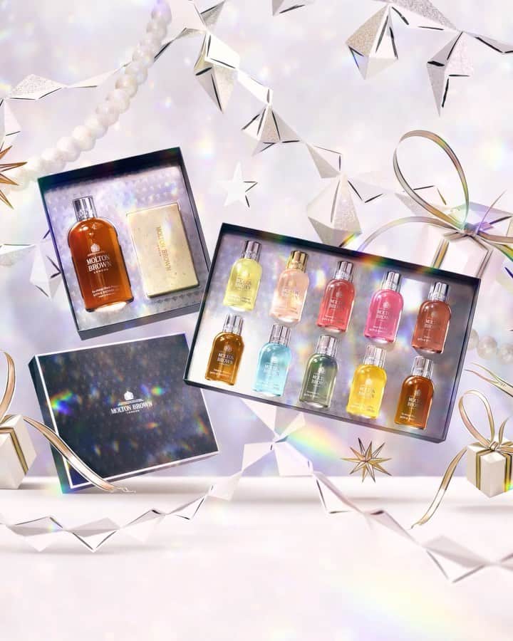 モルトンブラウンのインスタグラム：「The countdown to Christmas is officially on. From Bathing Gift Sets to elegant home fragrances for hosts, explore Christmas gift sets in holographic Art Deco-inspired boxes. #MakingSpiritsBright」