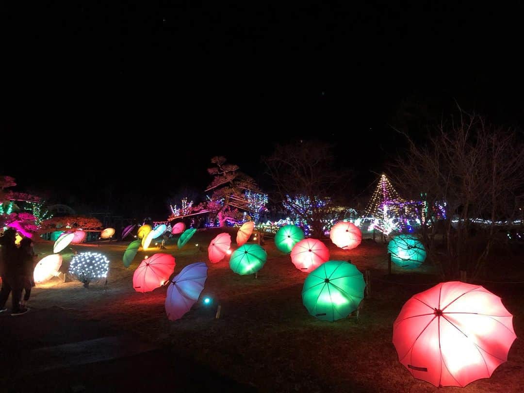 上野真衣のインスタグラム：「花火も見れて、うっとりな山中湖の夜景とイルミネーション💖 寒さも忘れました✨  #クリスマスイルミネーション #山中湖 #富士山が好き  #花の都公園 #花火」