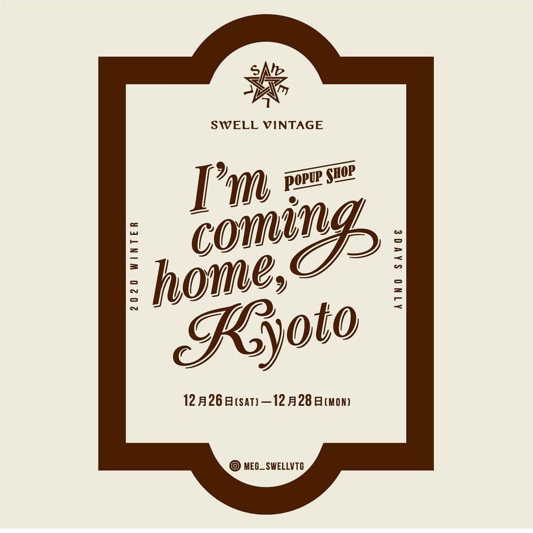 Megさんのインスタグラム写真 - (MegInstagram)「「I'm coming home,Kyoto」  私にとって特別な場所となっている京都 去年に続き2回目のPOPUPとなります 藤井大丸創業150周年となる2020年の締めくくりに開催させていただけることに喜びと感謝の気持ちでいっぱいです  イベントのために温めてある未公開商品と「ただいま！」の気持ちを込めてポスターロゴをそのまま使用したスウェットも数量限定販売いたします(2枚目画像)  去年とは違う状況下ではありますが私も体調を充分に整えて3日間売り場に立たせていただきます . . . . . 〒600-8031 京都市下京区寺町通四条下ル貞安前之町605番地  -藤井大丸-2階THE SPACE FUJIIDAIMARU  12月26.27.28日 10:30AM～8:00PM  ACCESS 阪急｢河原町駅｣下車 徒歩約2分 京阪本線｢祇園四条駅｣下車 徒歩約5分 京都市営地下鉄｢四条駅｣下車 徒歩約5分  #swellvtg #swellpopup #京都 #藤井大丸 #kyoto #fujiidaimaru」12月19日 15時13分 - meg_swellvtg