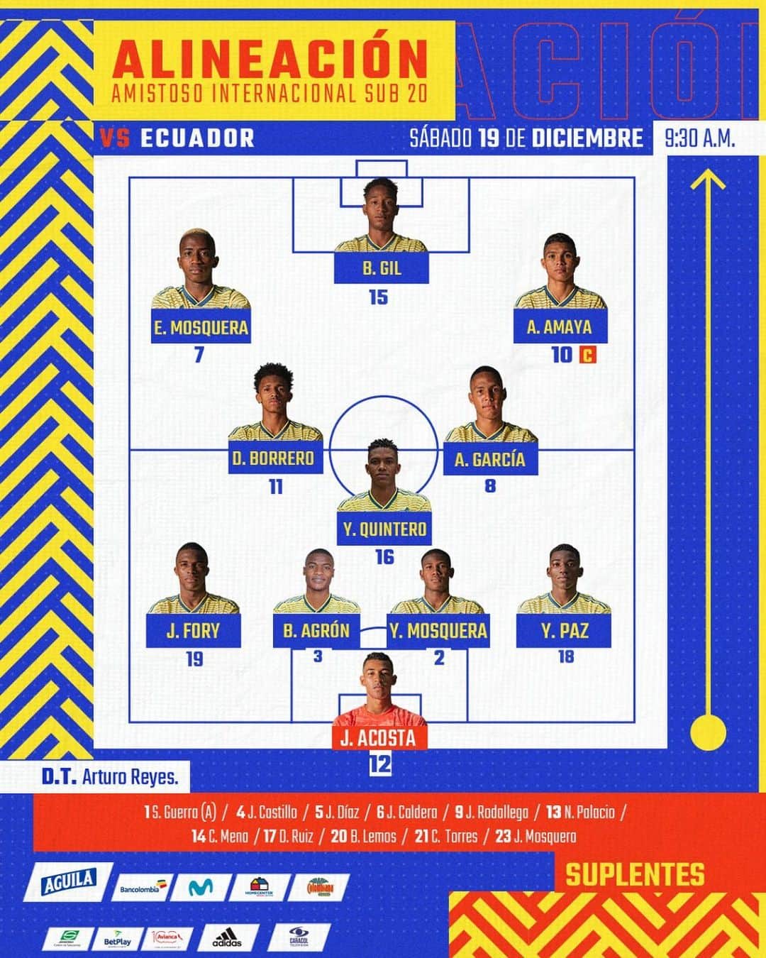 サッカー コロンビア代表チームのインスタグラム：「🚨 ¡ATENCIÓN! Así formará nuestra Selección Masculina Sub 20 para enfrentar a Ecuador en su segundo amistoso de preparación para el Sudamericano 2021  ¡Con toda muchachos!  #VamosColombia 🇨🇴 #ECUCOL」