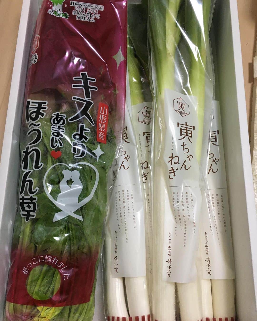 山西章博のインスタグラム：「今年も寅さんから葱とほうれん草を送って頂きました。お世話になります！ #初代葱師 #寅さん #寅ちゃん葱 #キスより甘いほうれん草  #山形 #いつもありがとうございます #お世話になります」