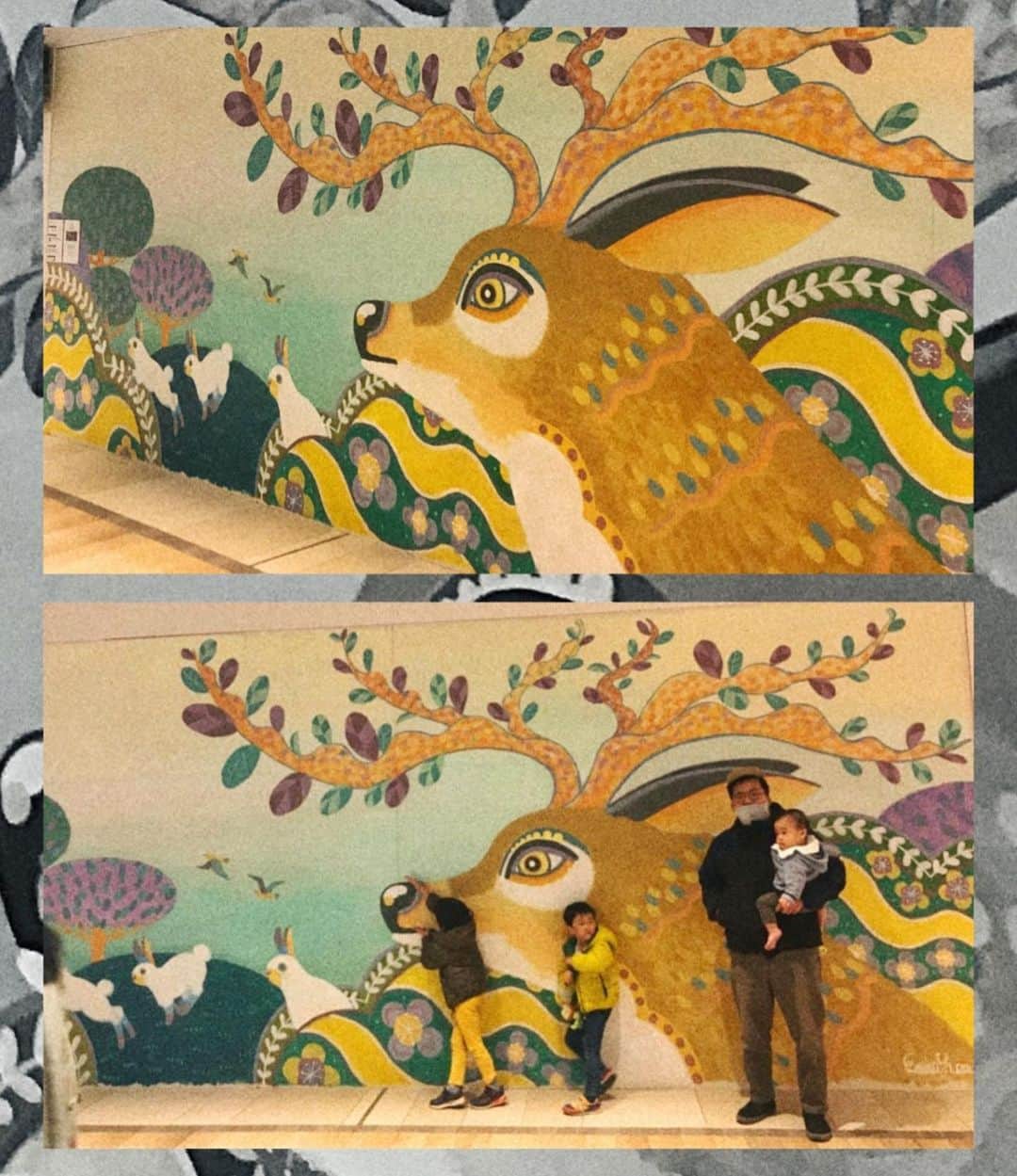 モッチェ 永井のインスタグラム：「友人のイラストレーター、ユザワエミコ氏が描いたウォールアートを観に行ってきた。スバラシイ。子供の視点から見たらずっと大きく見えるんだろうな〜。㊗️シンボル！ずっと掲示してほしいよ。光が丘の商業施設IMA で観れます。  ちなみにユザワエミコ氏は、僕の1stデモ「まちのあかりをけして」をデザインしてくれたサイコーなイラストレーターです。今見ても大好きなジャケ！(2枚目)  #モッチェ永井　#ユザワエミコ　#光が丘IMA」