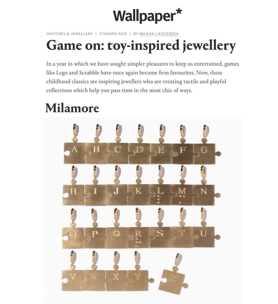 稲木ジョージのインスタグラム：「@milenalazazzera approved💋 Thanks for the wonderful article on @wallpapermag featuring @milamorejewelry puzzle charm🤩 Glad you liked the Braille Diamond stone settings🧏🏽‍♂️ おもちゃ感覚のラグジュアリージュエリーとして、パズルチャームがまたまたウォールペーパーマガジン🇬🇧に書いていただきました🥳👏 ダイヤ有り無しバージョンがあるんだけど、実はダイヤが点字となっていて、盲目の人にも楽しめるデザインになっているのです😉性別、バックグラウンドなーーーんも関係なしにミラモアを着けていただけるといいなという想いで作りました🙆🏾‍♂️一個ずつのパズルも横に並んでくっつく仕組みになってます🕺ジュエリーは一生モノだけど、遊び心のあると楽しいよね🌎」