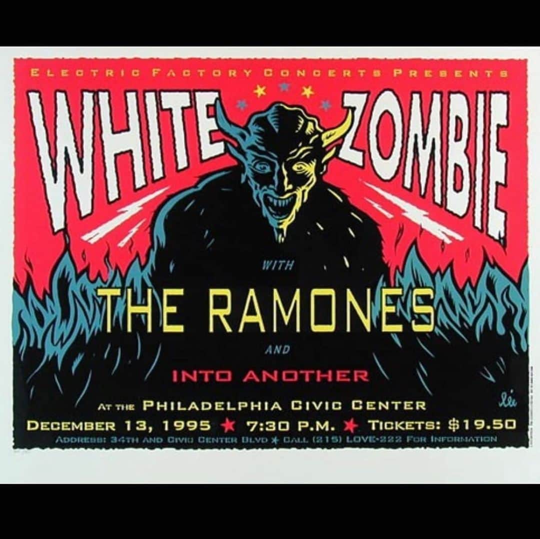 ロブ・ゾンビのインスタグラム：「25 years ago this week I was on the road with The Ramones. It was an honor and a pleasure to have these guys opening every night. Watched every show. I think they did about 8 more months of touring then stopped forever. Poster by @matchoillo #robzombie #ramones #whitezombie」